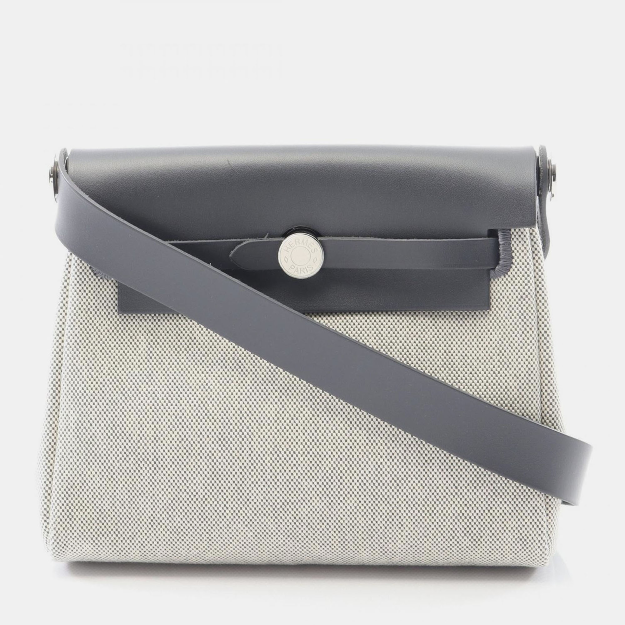 

Hermes Herbag Zip Mini Ecru Toile H Canvas Hunter Leather Shoulder Bag, Grey