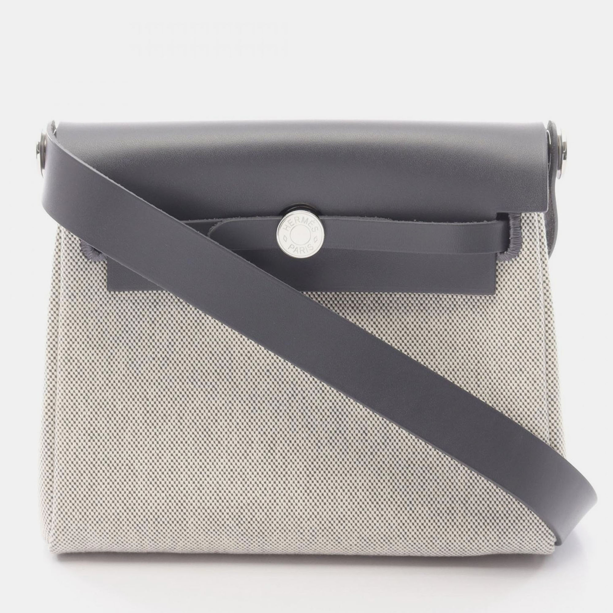 

Hermes Herbag Zip Mini Ecru Toile H Canvas Hunter Leather Shoulder Bag, Grey