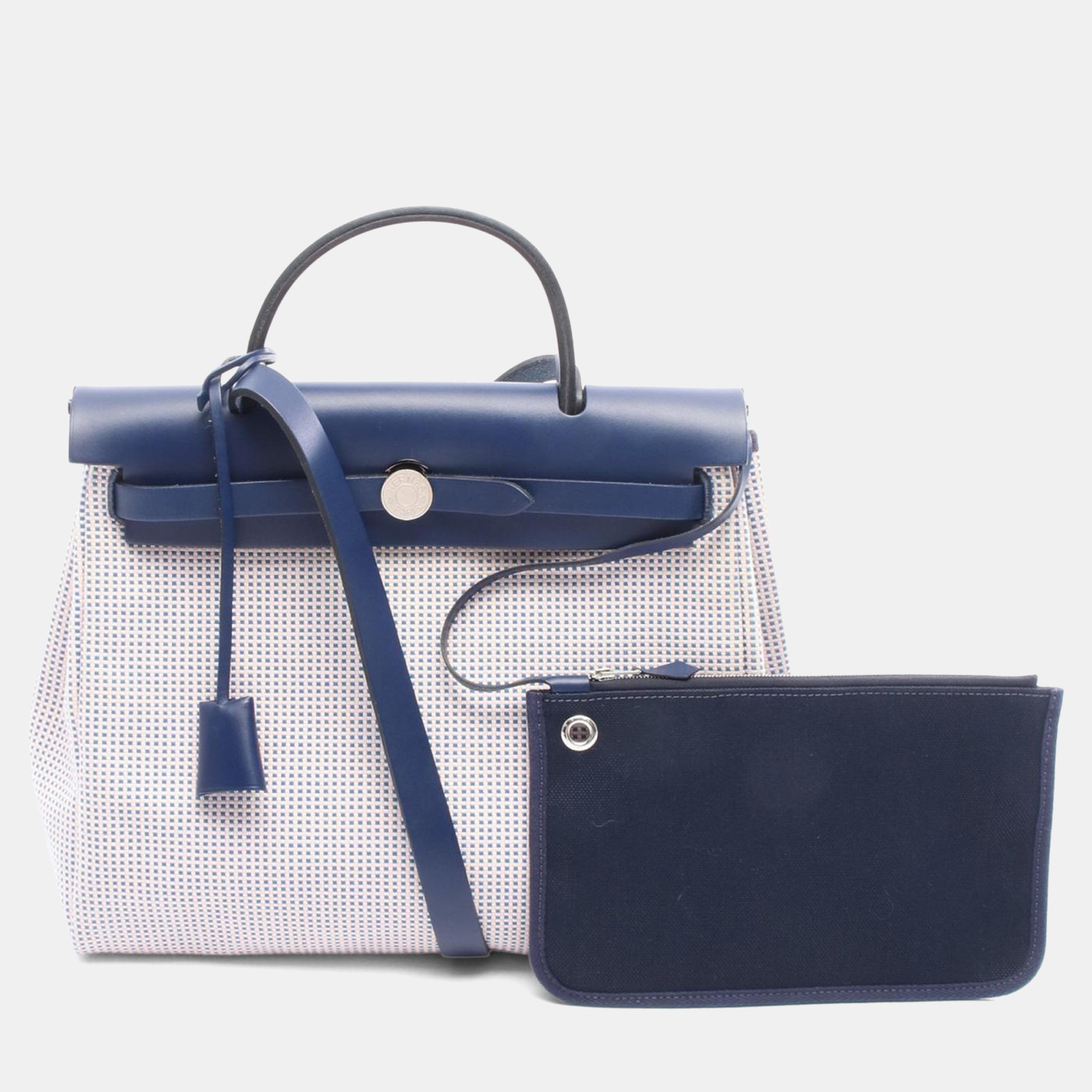 

Hermes Herbag Zip Ecru/Pink Toile Leather Shoulder Bag, Navy blue