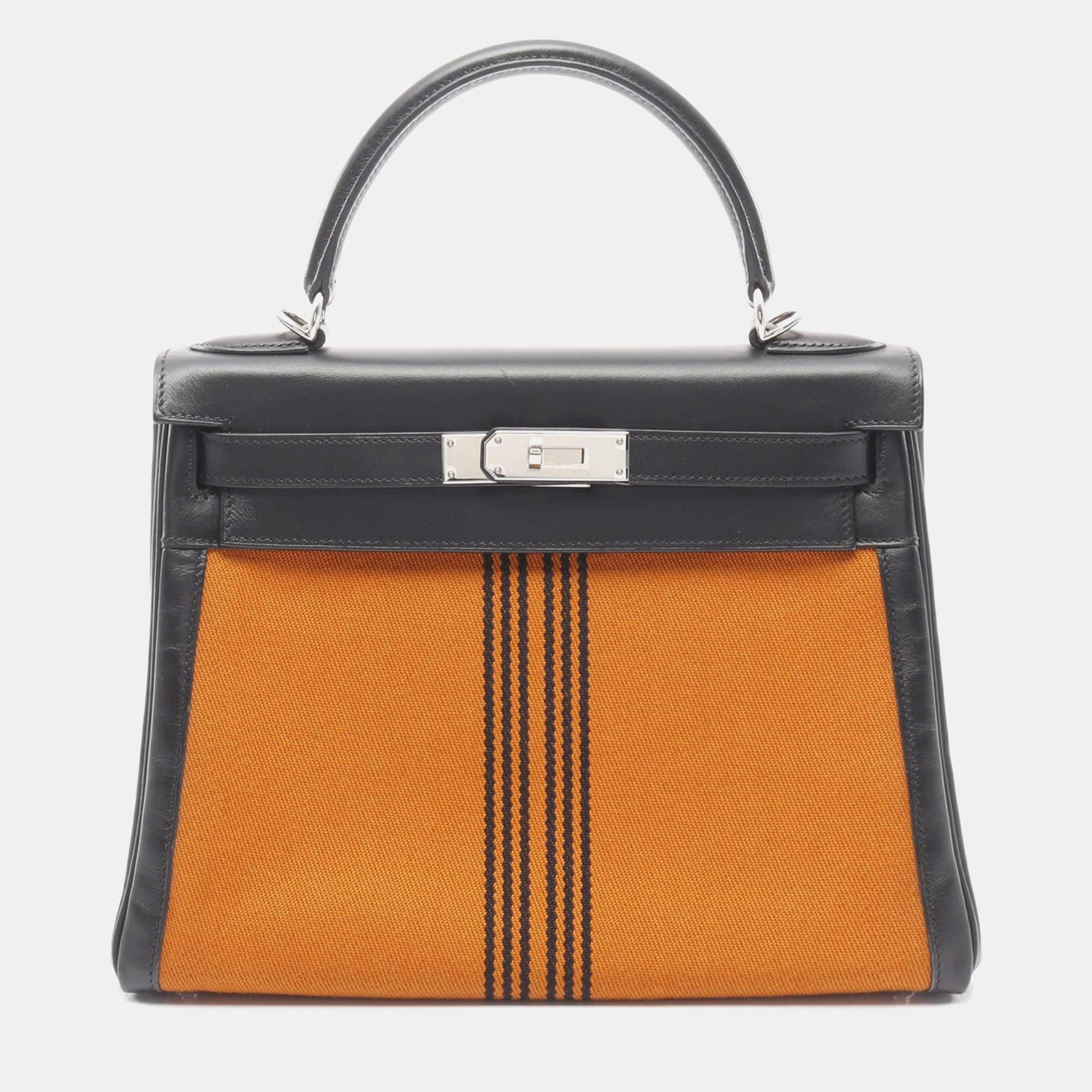 

Hermes Kelly 28 Black Orange Box Calf Leather Toile Potamos Shoulder Bag