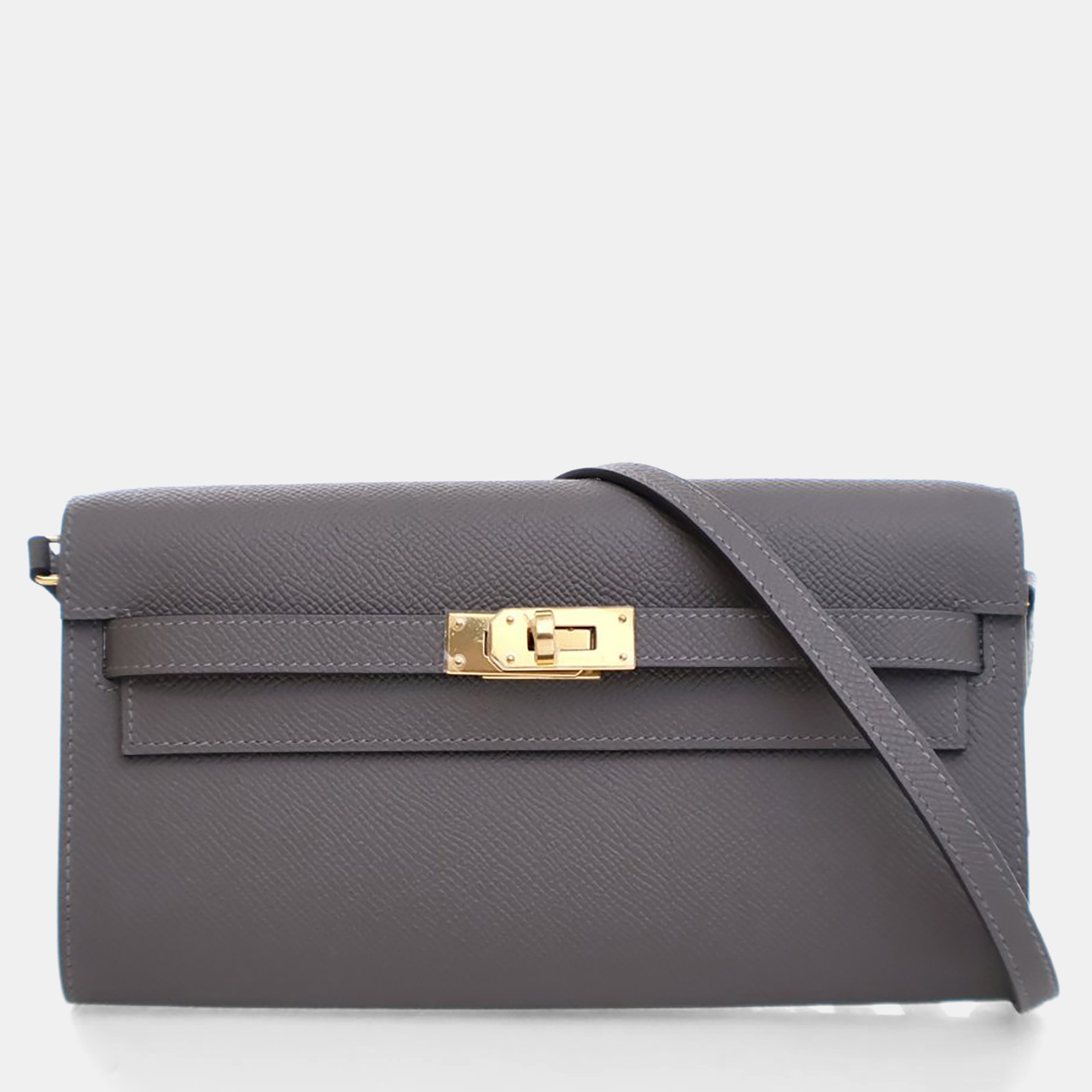 Pre-owned Hermes Gris Meyer Epsom Kelly To Go Wallet In Gray