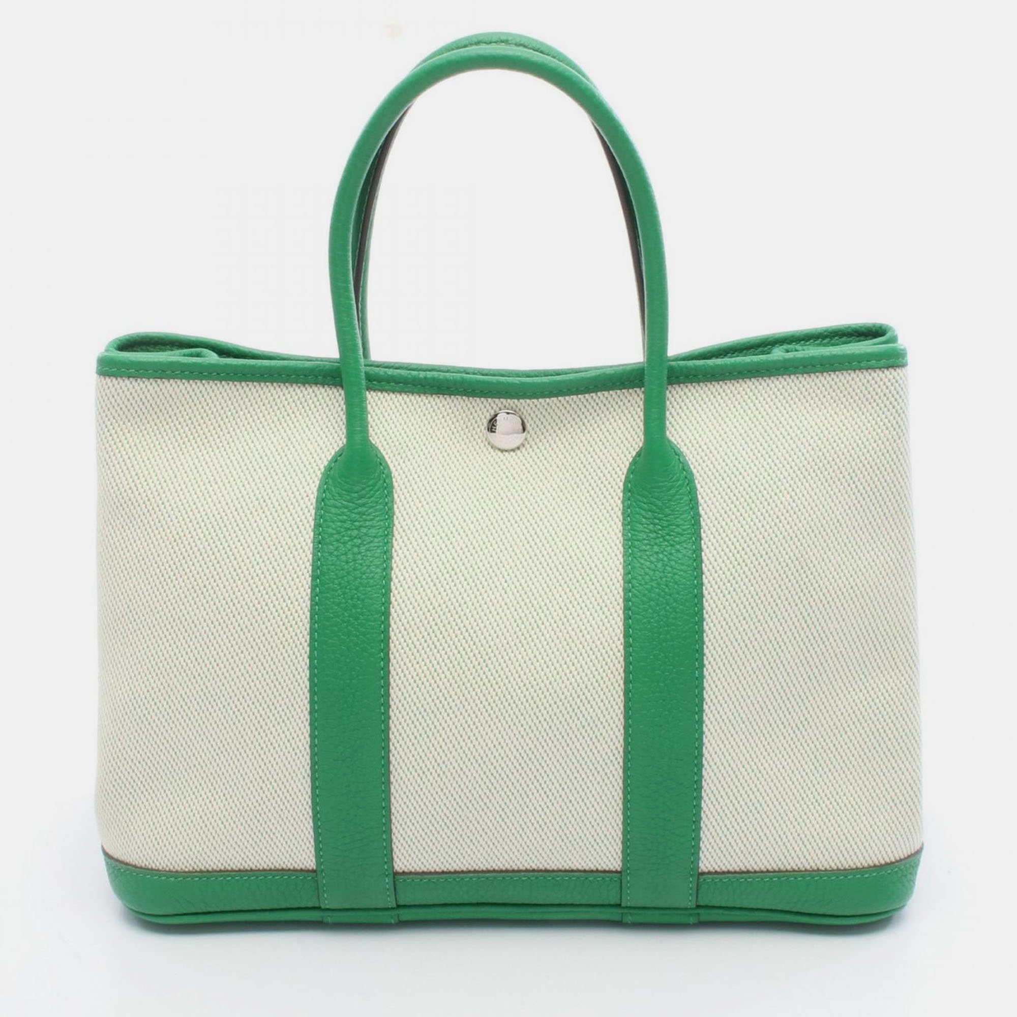 Click to view more detailed imagery on our partner's website Pre-owned Hermes Garden Party 30 Beige/bamboo Country Toile H Leather Tote Bag In Green