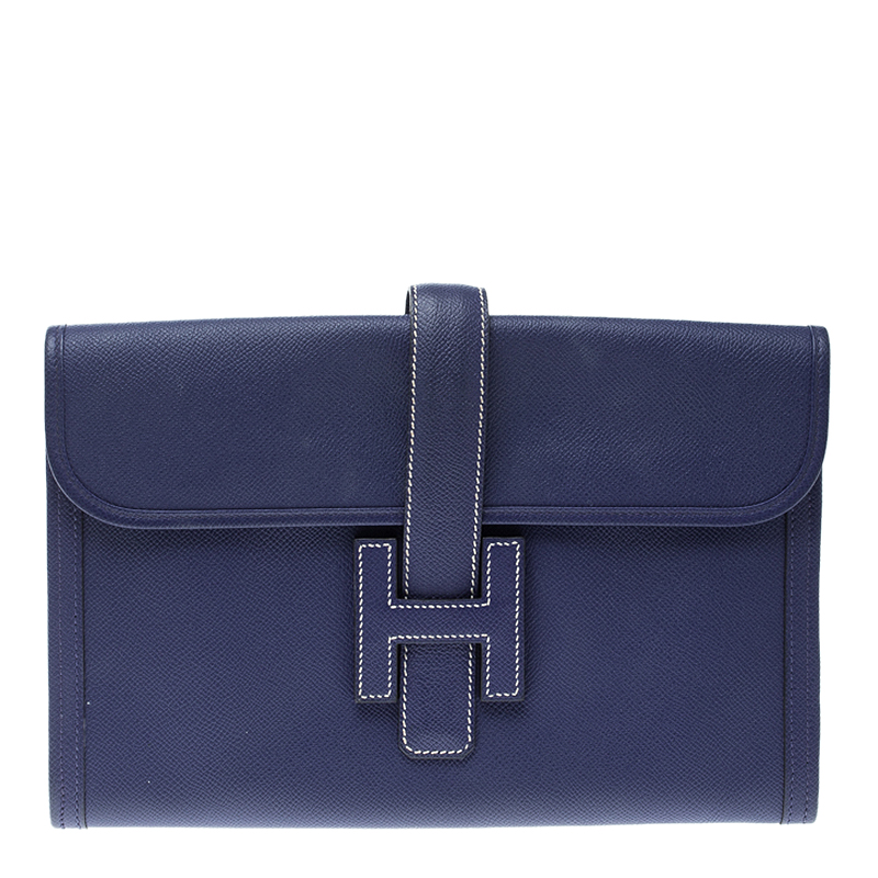 Pre Owned Hermes Blue Epsom Leather Jige PM Clutch