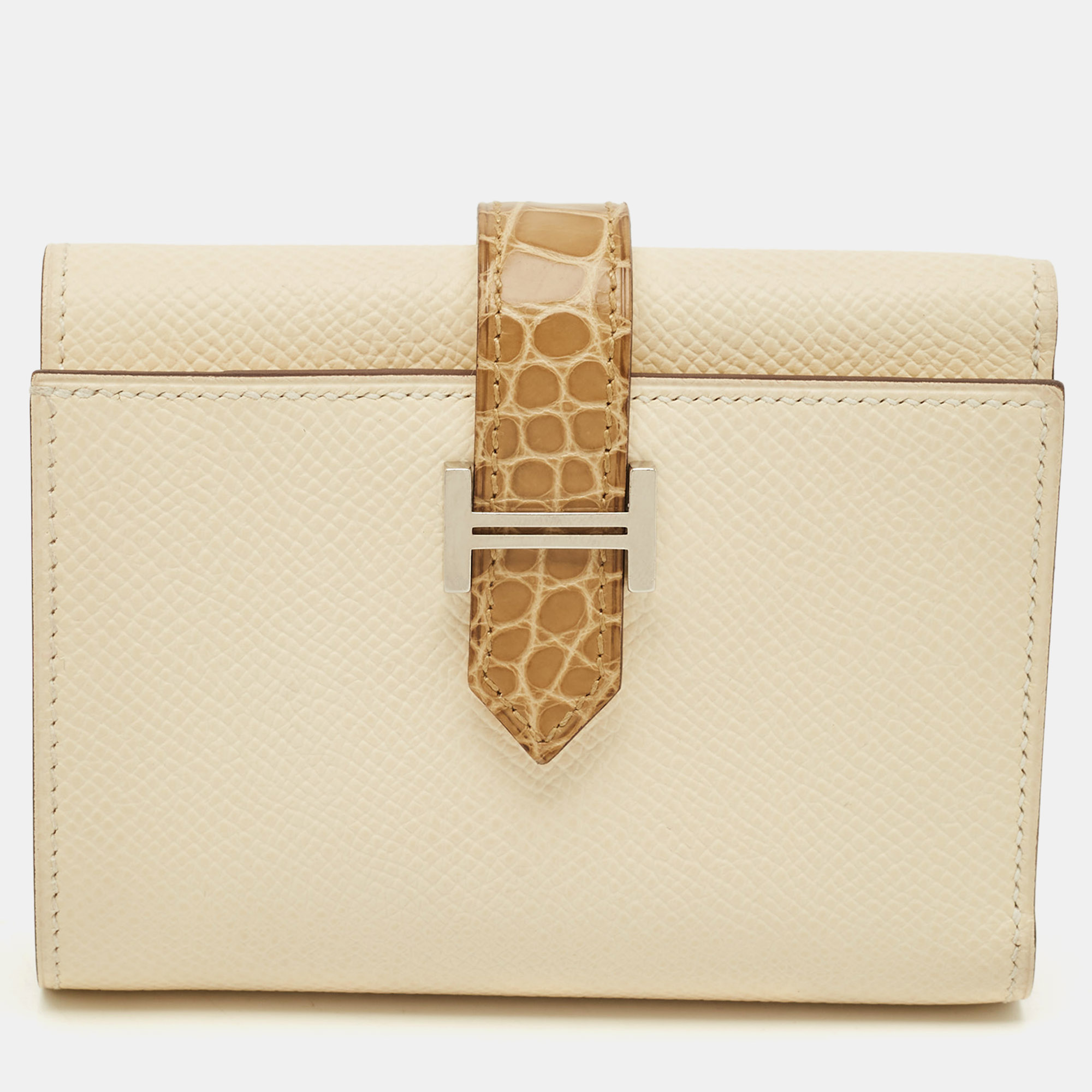 Pre-owned Hermes Bearn Nata/beige Sable Epsom Leather And Crocodile Compact Wallet In Sand