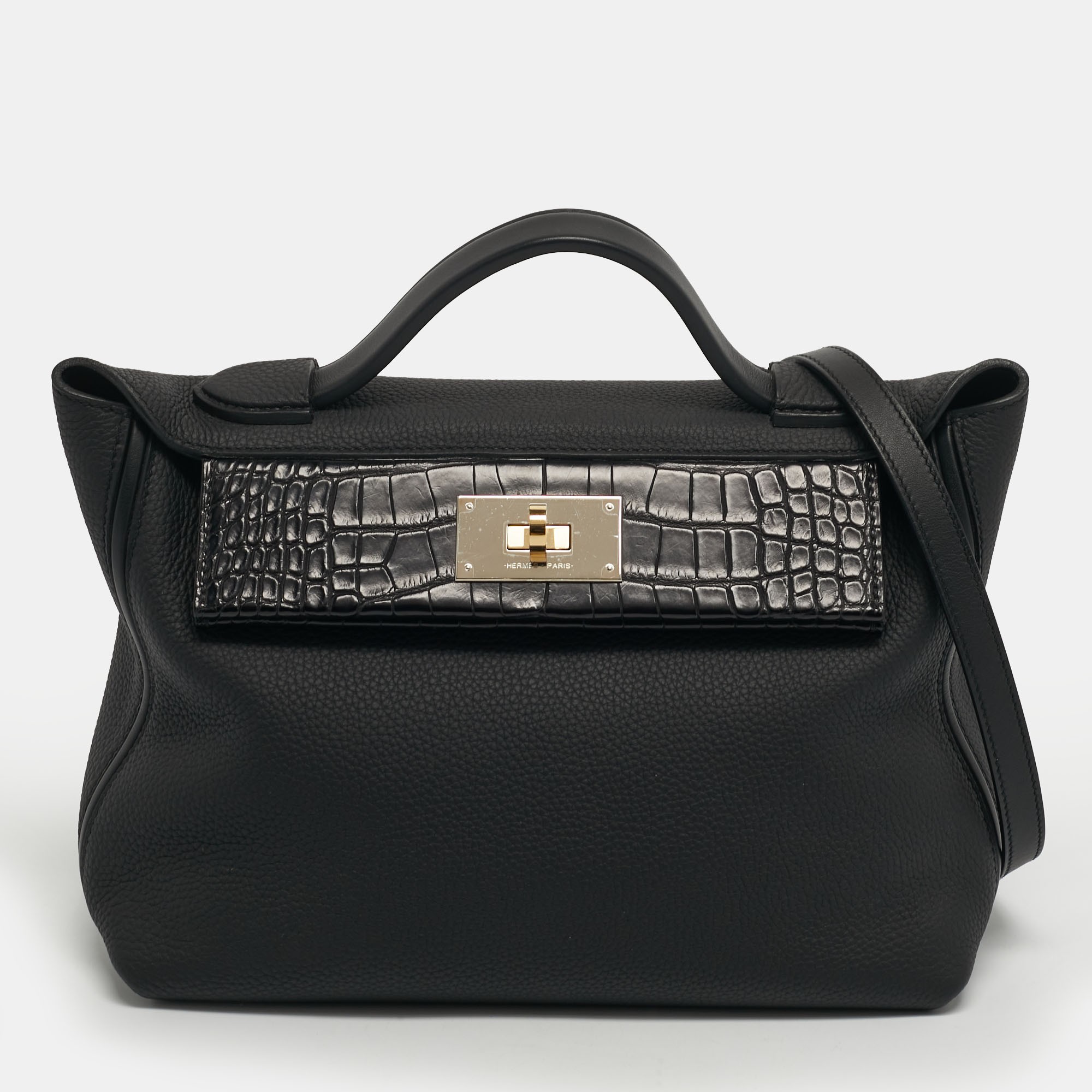 

Hermès 24/24 29 Electrum Noir Matte Alligator and Togo Leather Bag, Black