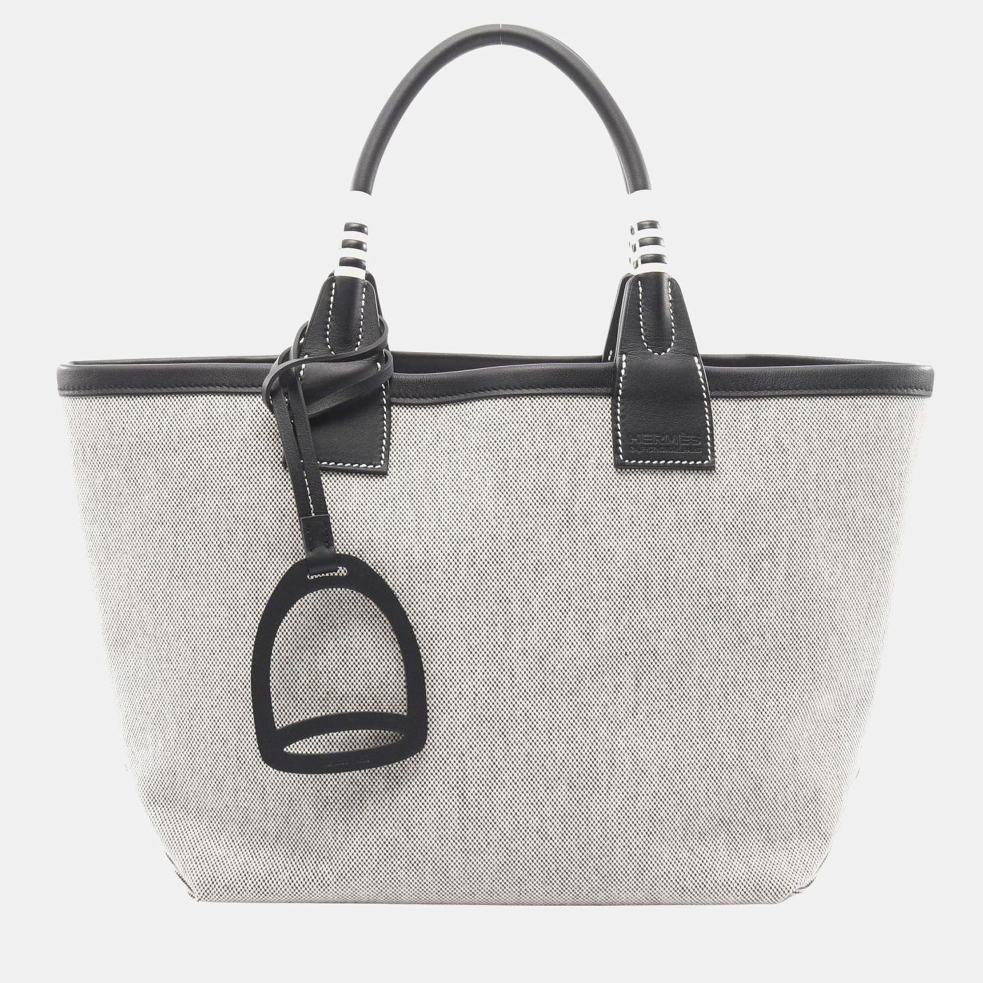 

Hermes Steeple 25 Gray Black Toile H Canvas Swift Leather Tote Bag