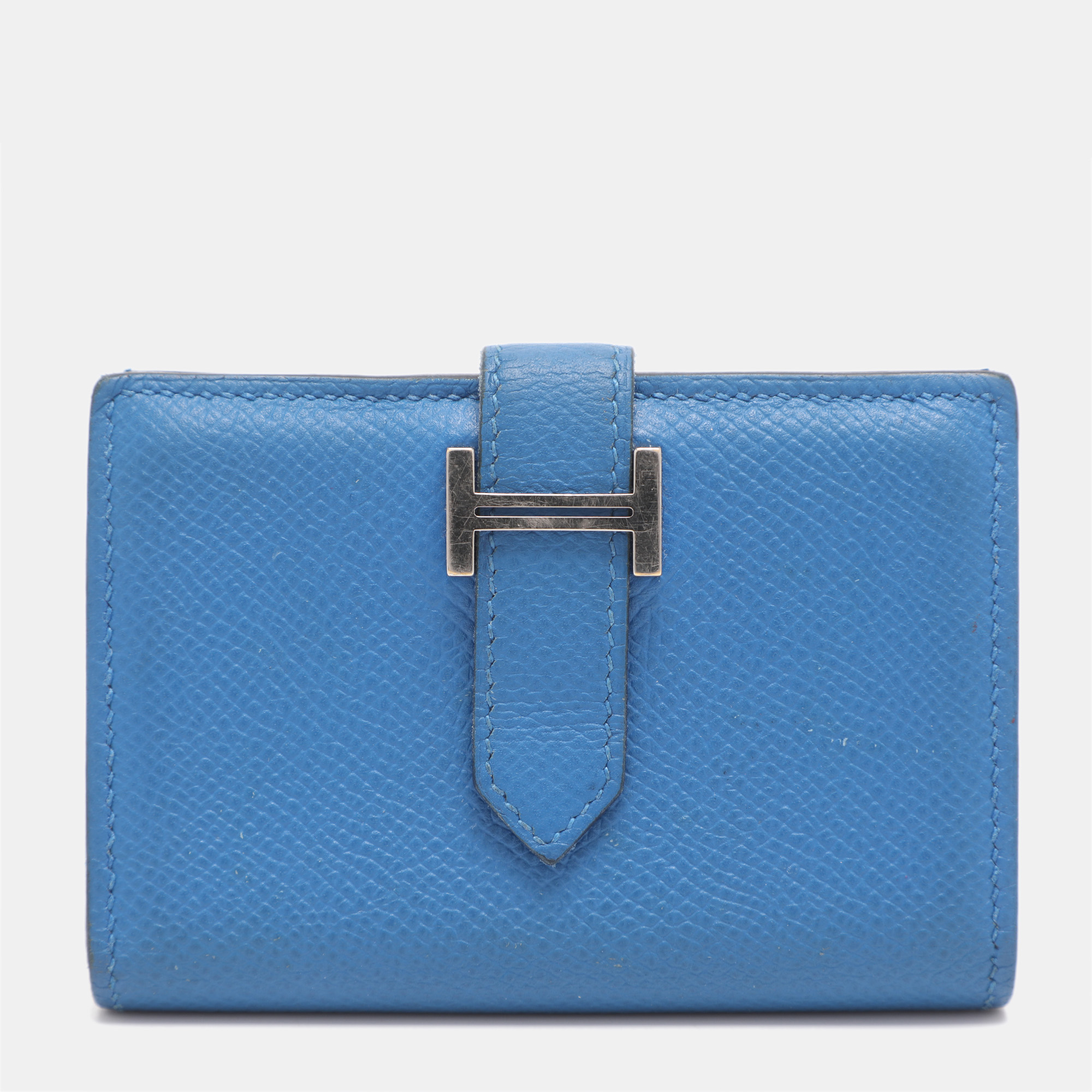 Pre-owned Hermes Bearn Bleu Zellige Epsom Leather Wallet In Blue