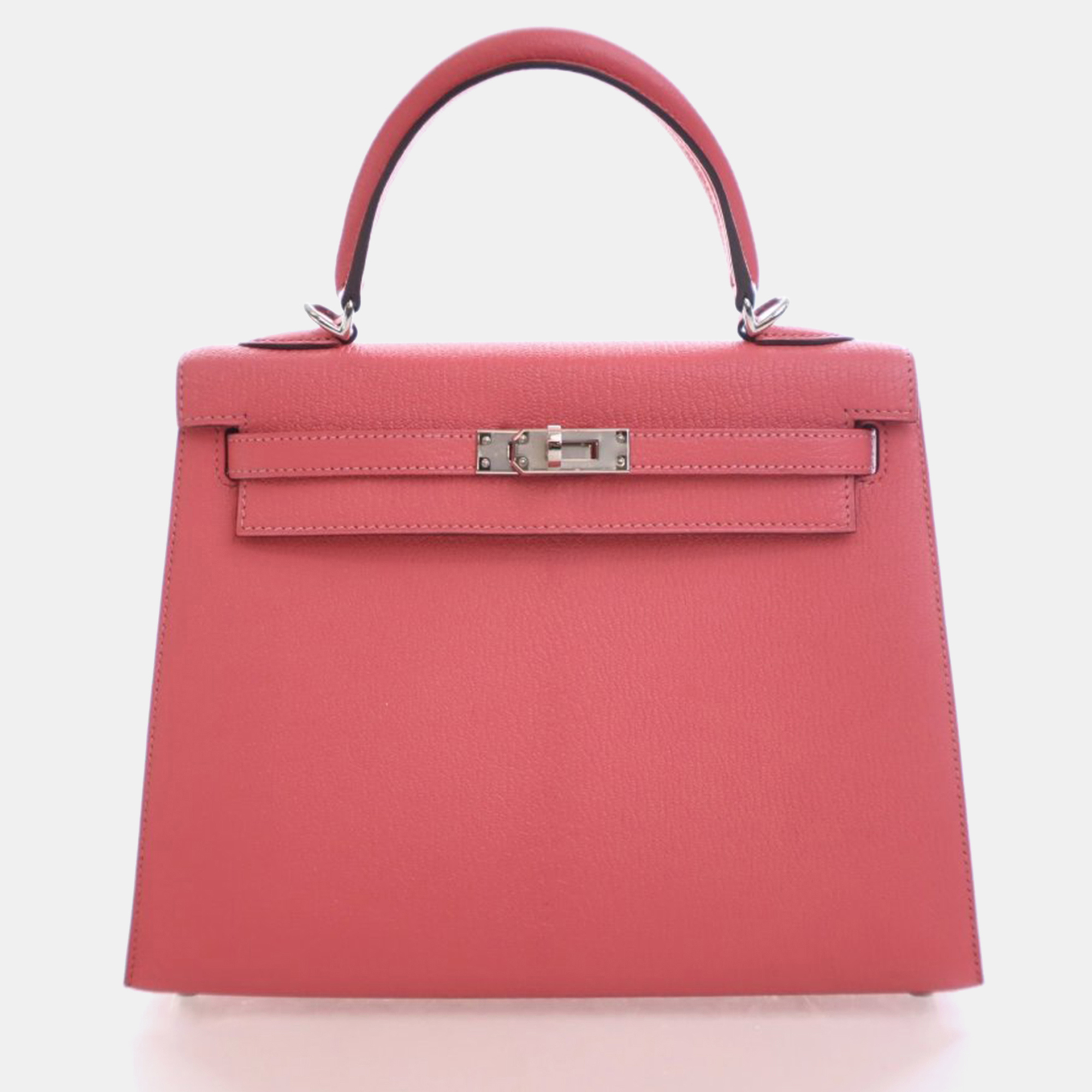 

Hermes Sellier Kelly 25 Rose Lipstick Chevre Mysore Bag, Red