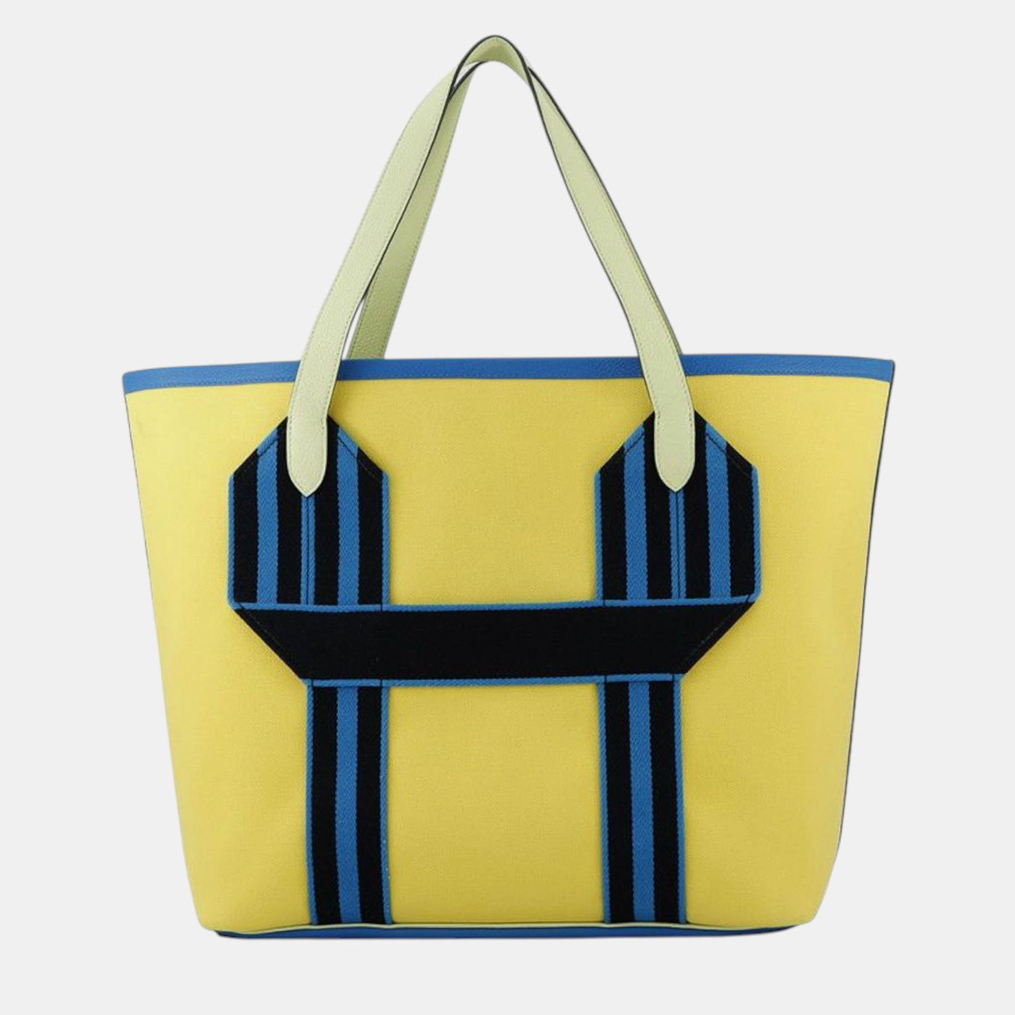 Pre-owned Hermes Blue Yellow Toile And Clemence Pursangle Tote