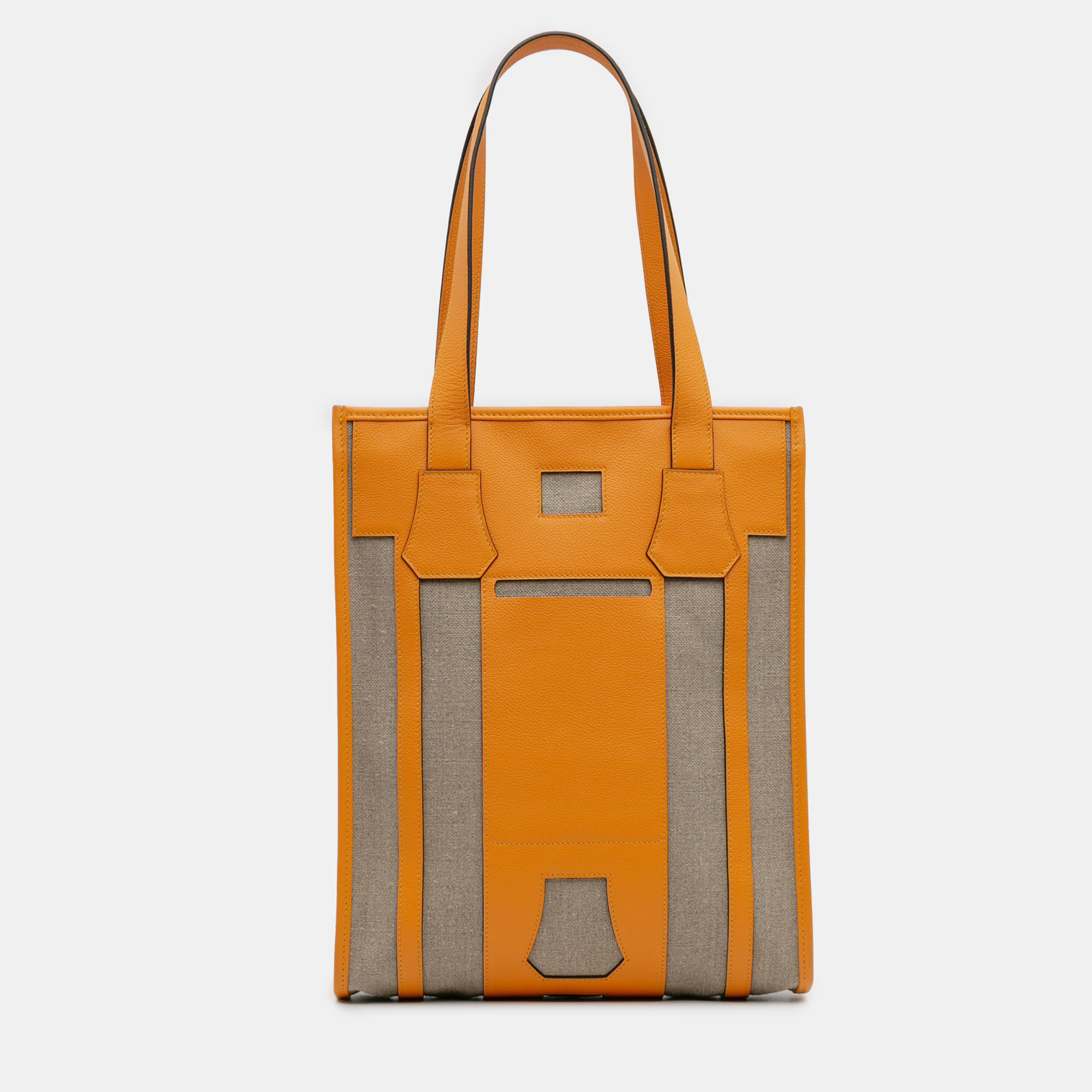 

Hermes Jaune D'Or Evergrain and Toile Petit H Bell Tote, Brown