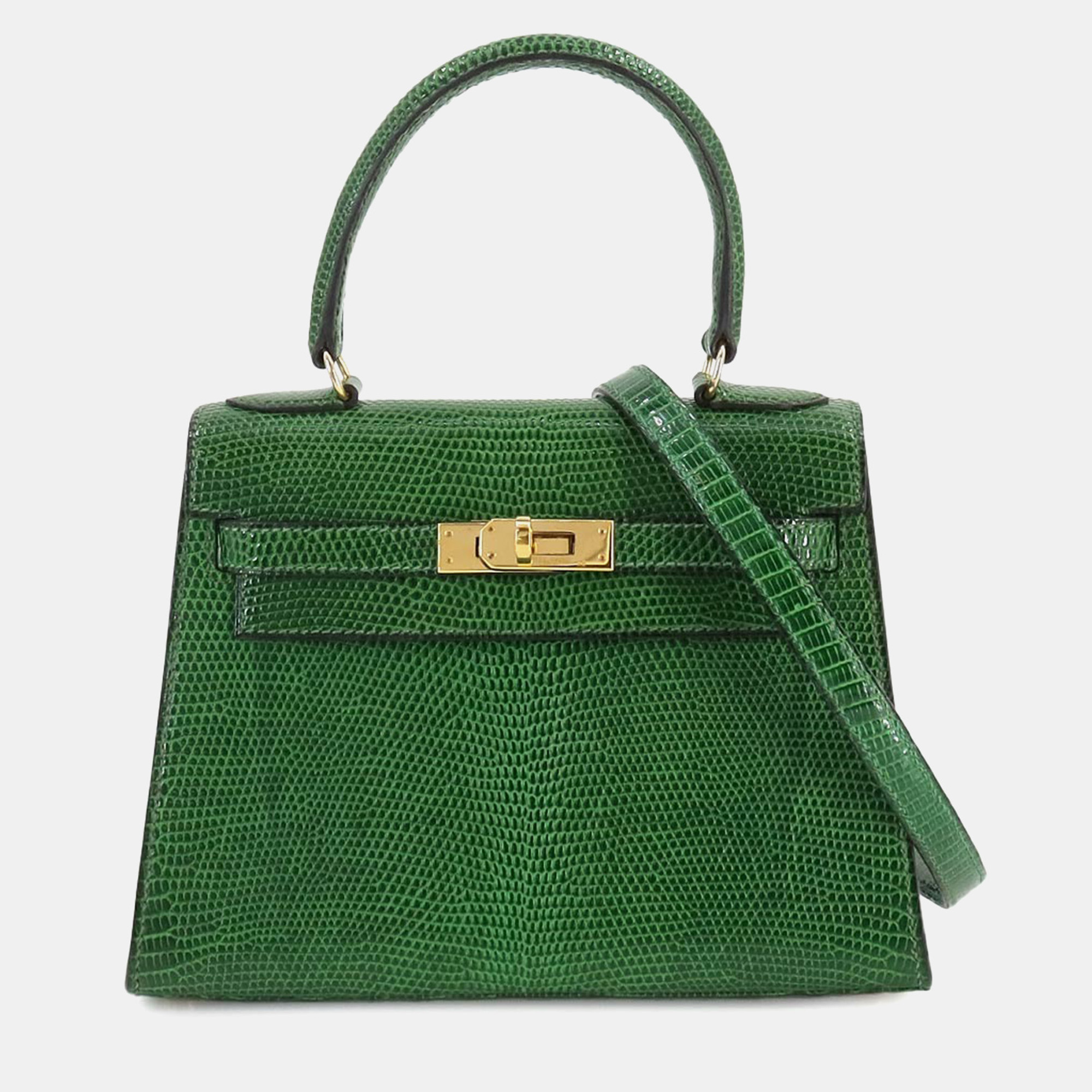 Pre-owned Hermes Mini Kelly Shoulder Bag Lizard Verre Moyen In Green
