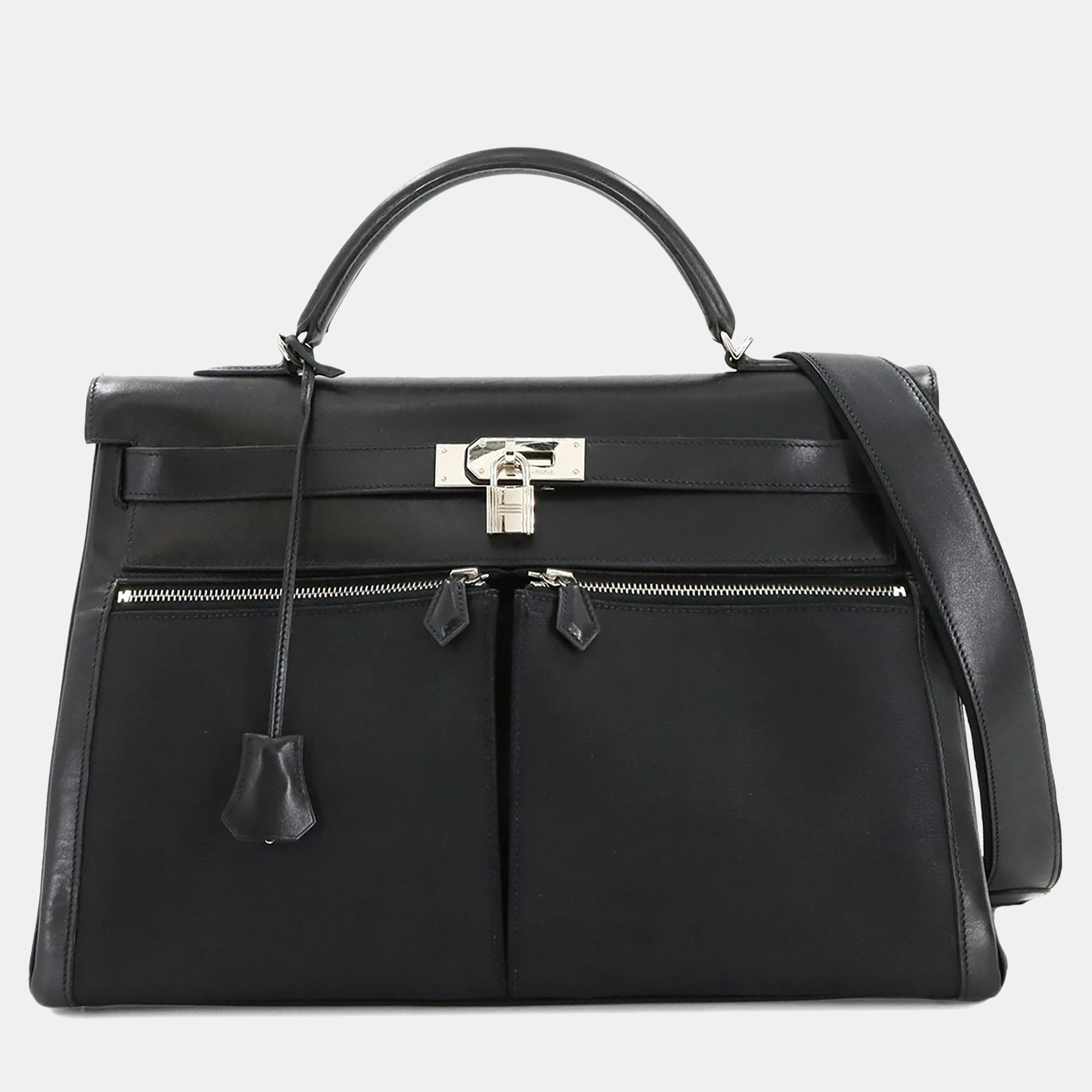 

Hermes Kelly Laki 40 Shoulder Bag Box Calf Leather Toile Officier Black