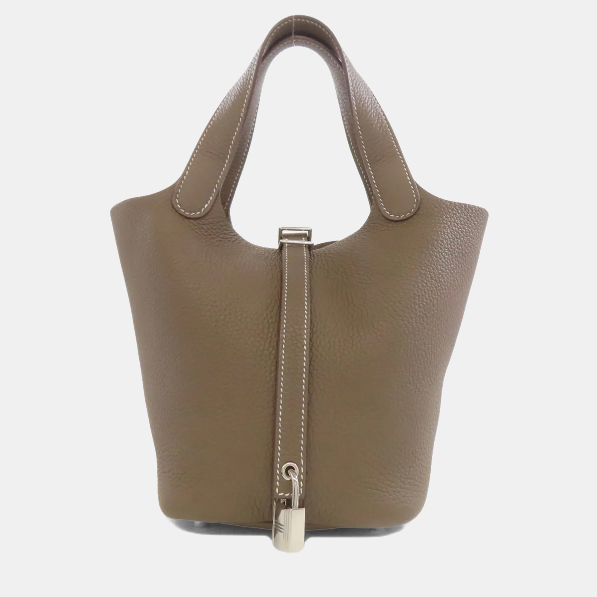 

Hermes Picotin Lock 18 Etoupe Handbag With Silver Hardware Taurillon, Brown