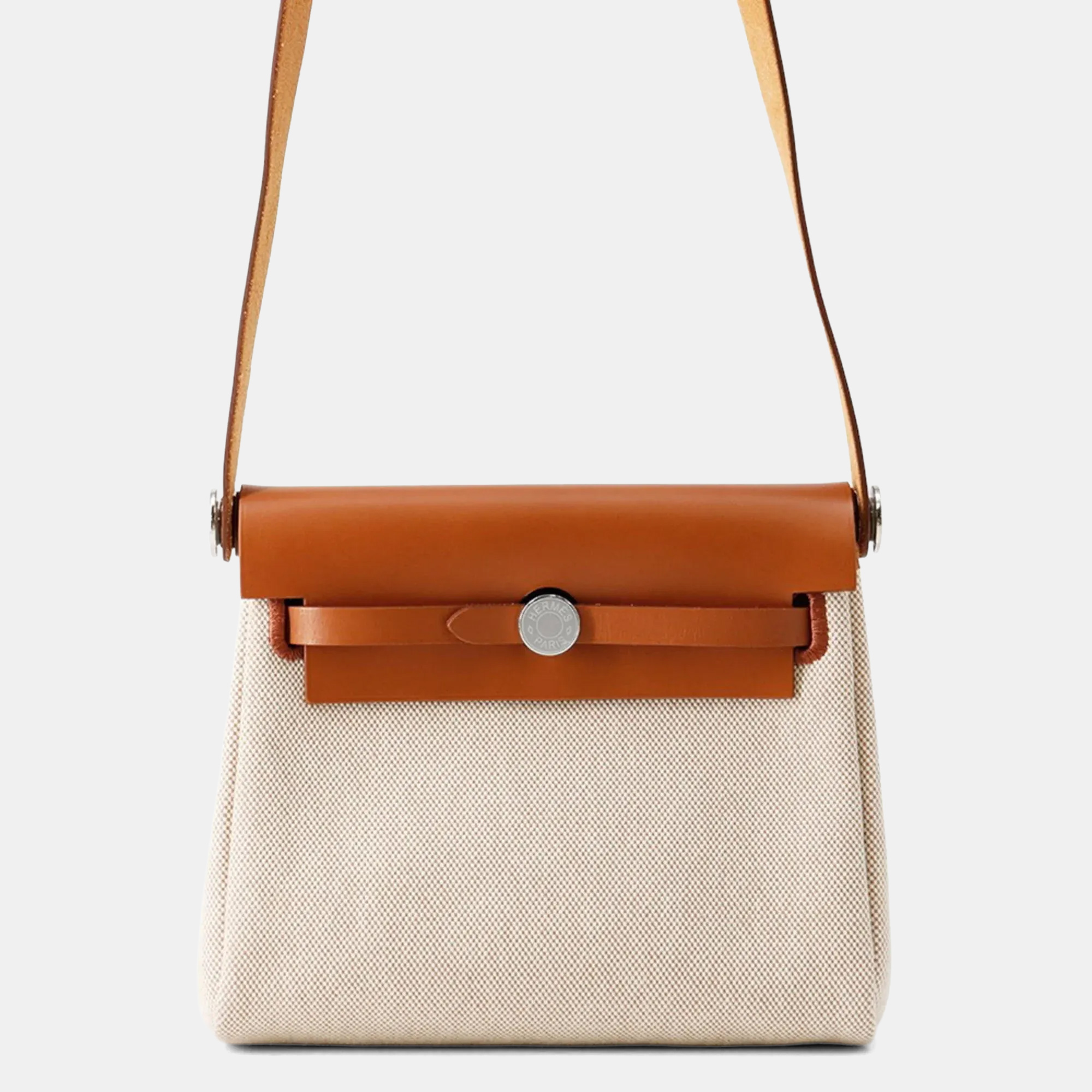 

Hermes Mini Fauve Toile H Canvas Vache Hunter Leather Shoulder Bag, Beige