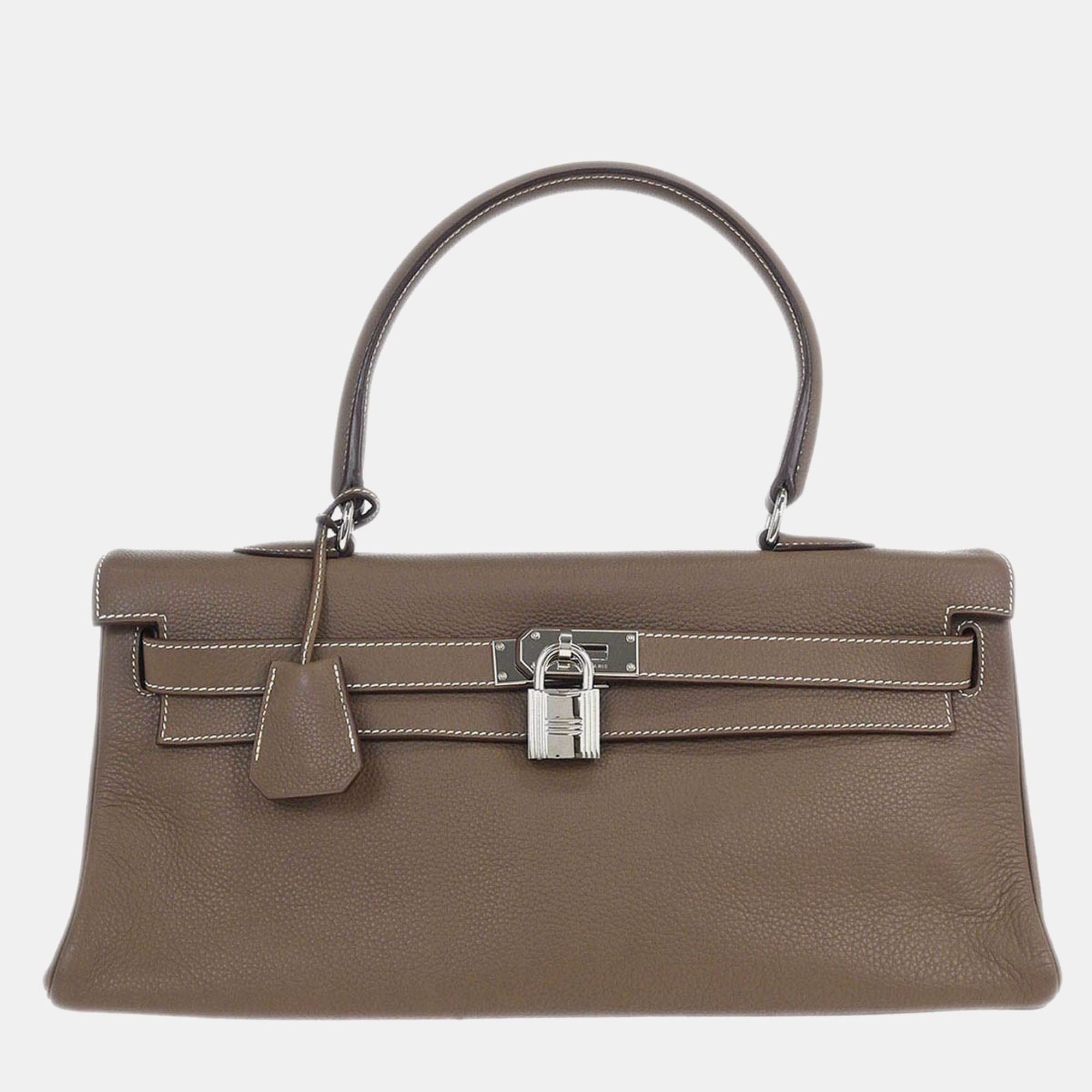 

Hermes Etoupe Gray Taurillon Clemence Shoulder Kelly Handbag, Brown