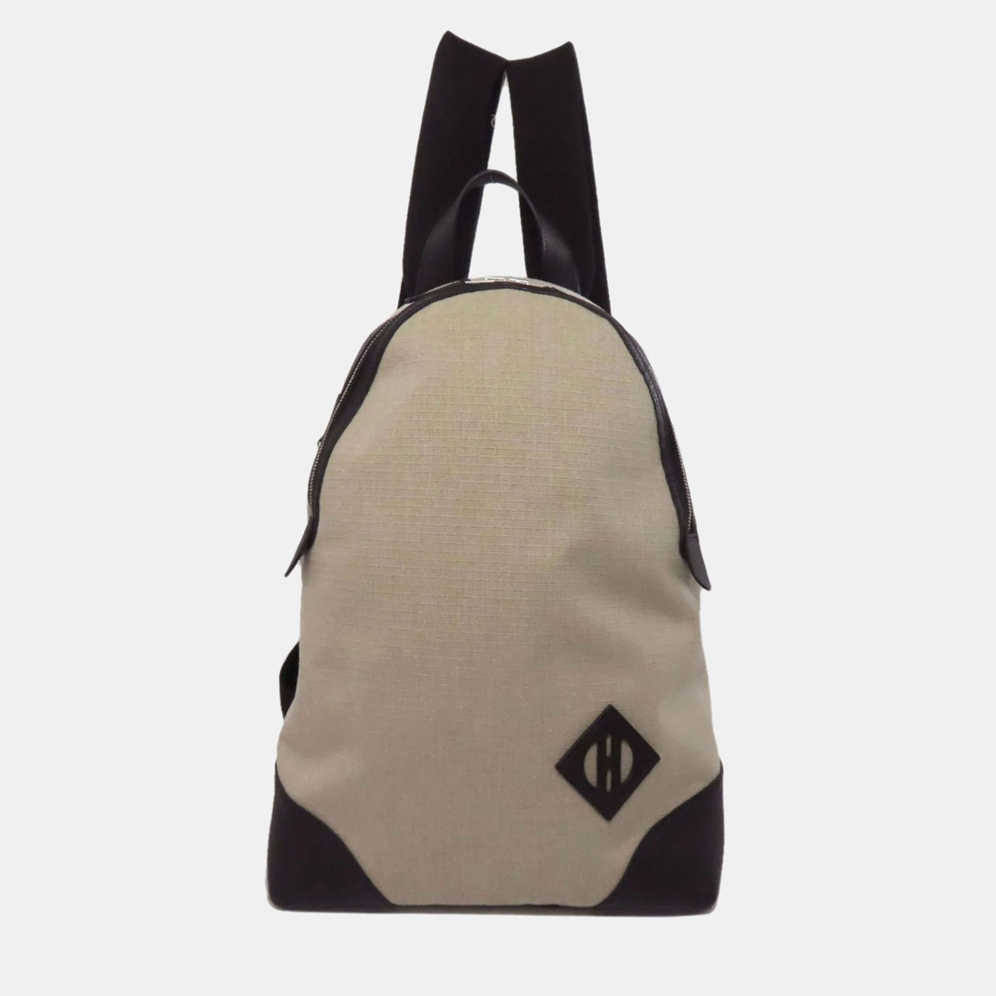 

Hermes Sleek Canvas Calfskin Leather Backpack, Beige