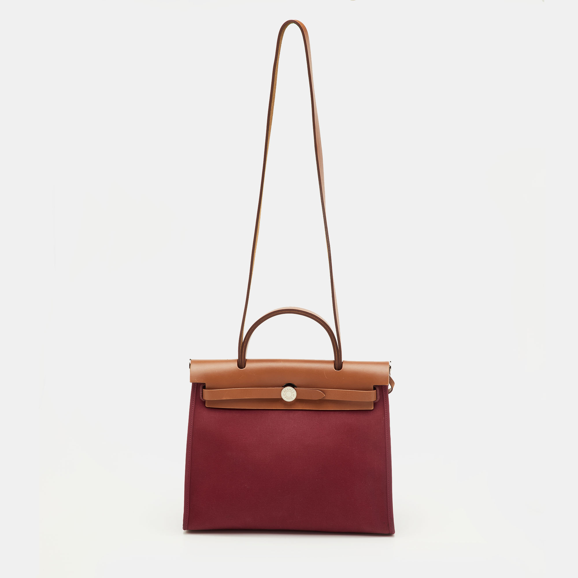 

Hermes Herbag Zip 31 Ruby/Fauve Toile and Vache Hunter Top Handle Bag, Burgundy