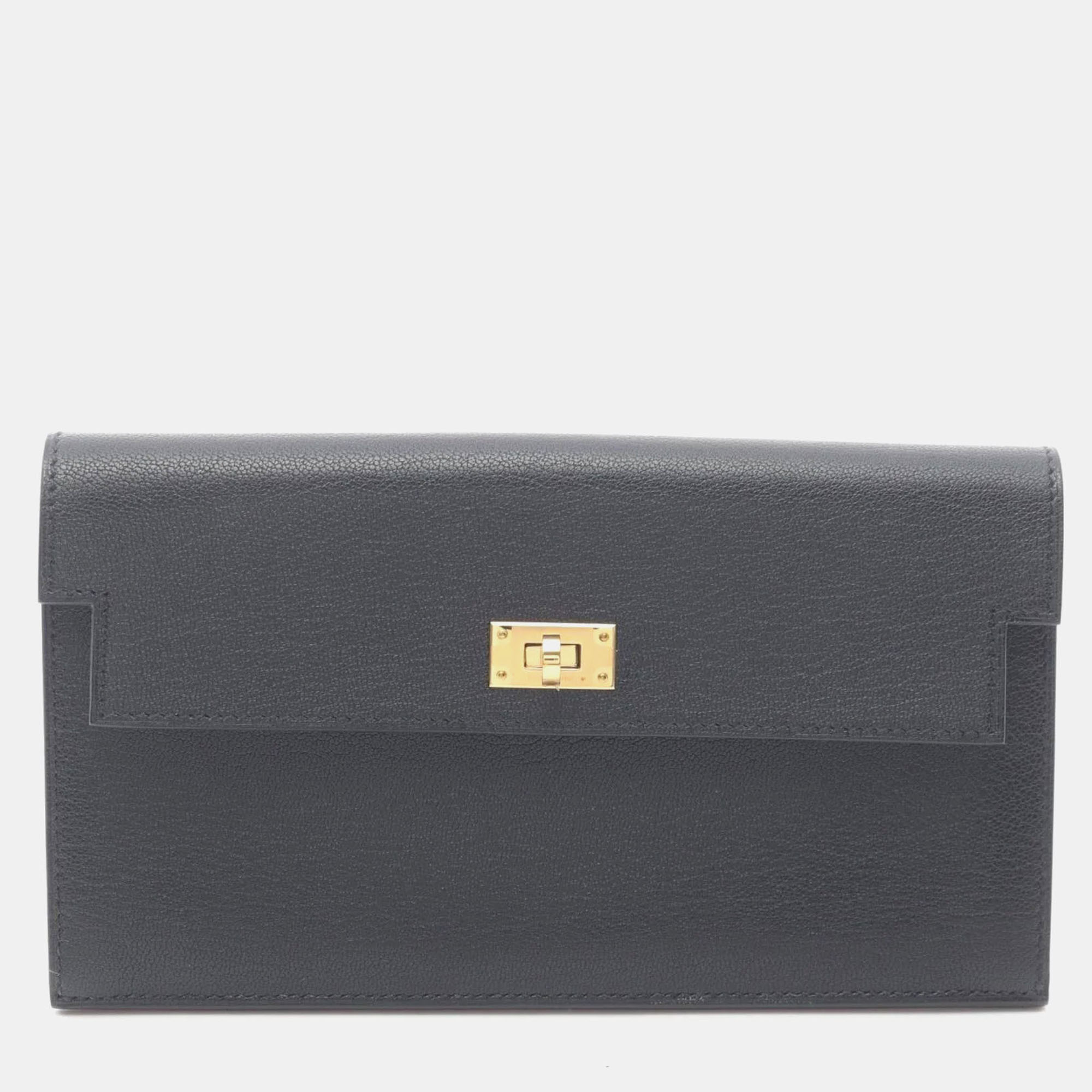 

Hermes Kelly Pocket Long Bifold Wallet Leather Chevre Sham Killa Black