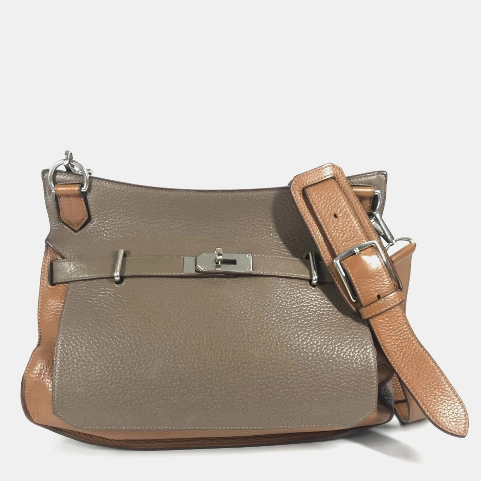 

Hermes Gypsiere 34 Two-Tone Crossbody Flap Shoulder Bag In Taurillon Clemence Leather Etoupe Gold Gray And Brown