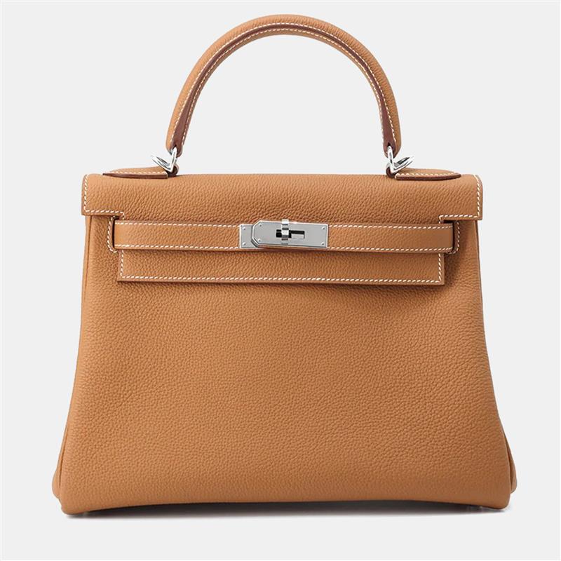 

Hermes Kelly Retourne 28 Gold Togo Calfskin Leather Top Handle Bag, Brown