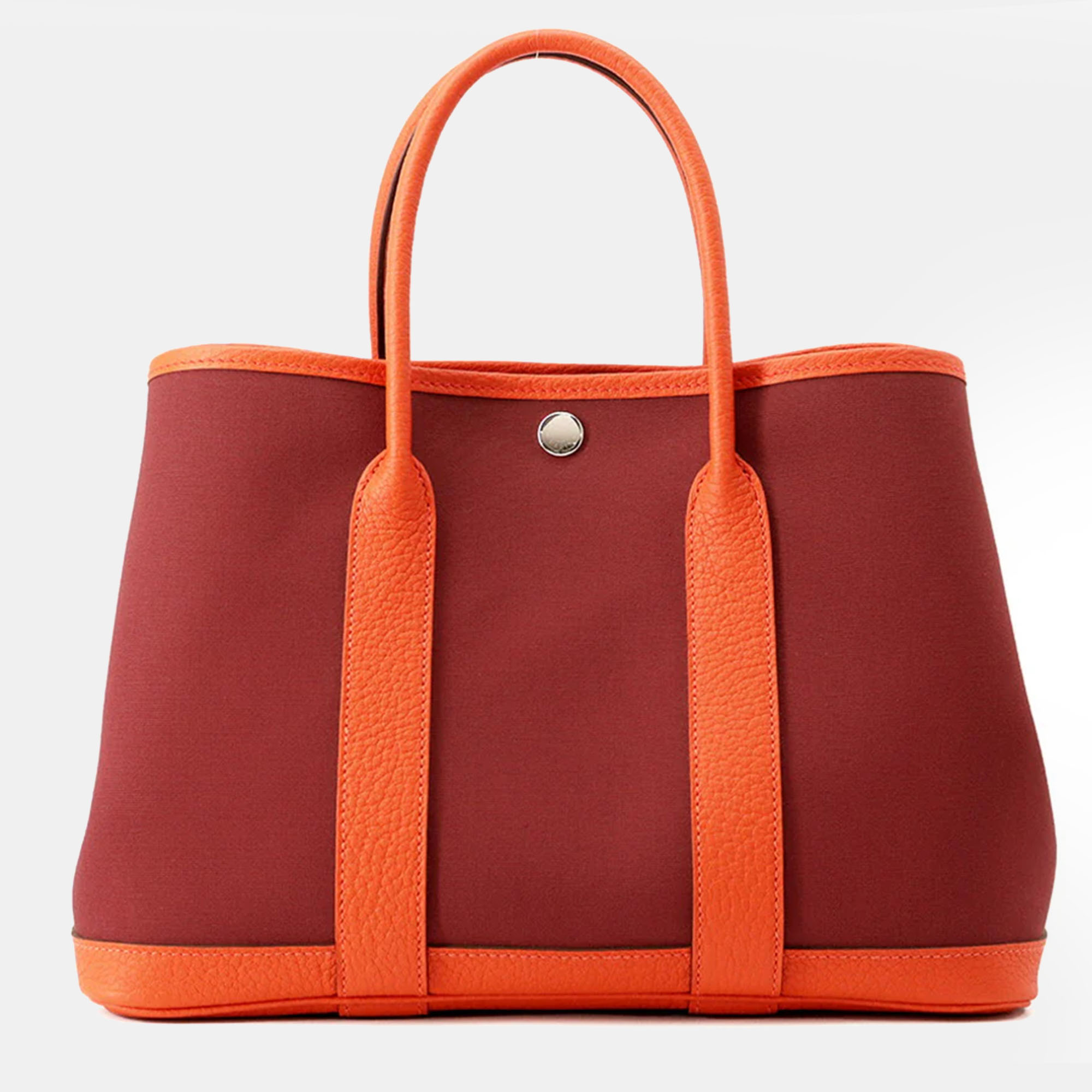 

Hermes Garden Party TPM Burgundy, Orange Toile H Canvas Negonda Calfskin Leather Tote Bag
