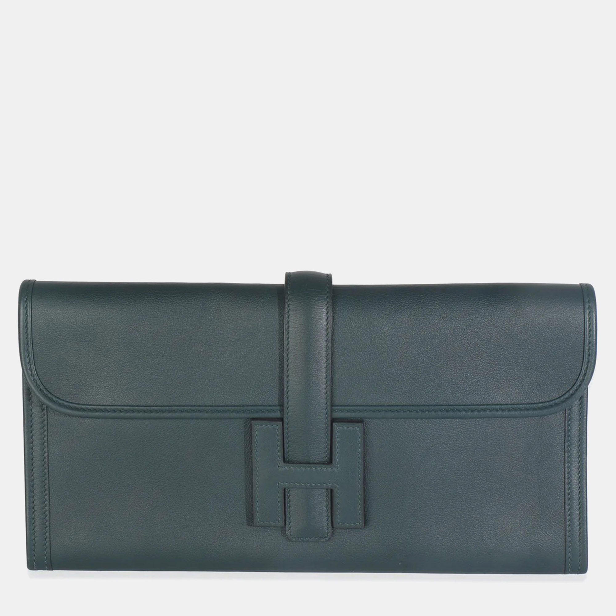 

Hermes Jige Elan 29 Green Swift Calfskin Leather Clutch