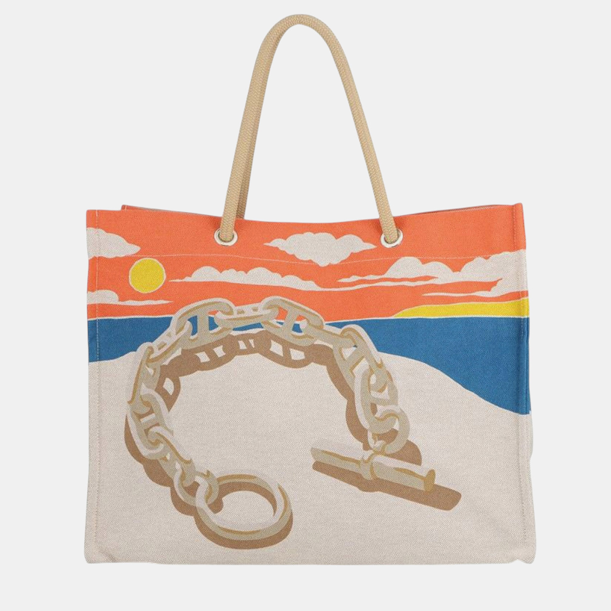 

Hermes Brown Toile Escale a la Plage Beach Bag