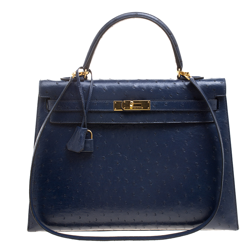 Pre Owned Hermes Blue De Malte Ostrich Gold Hardware Kelly Sellier 35 Bag