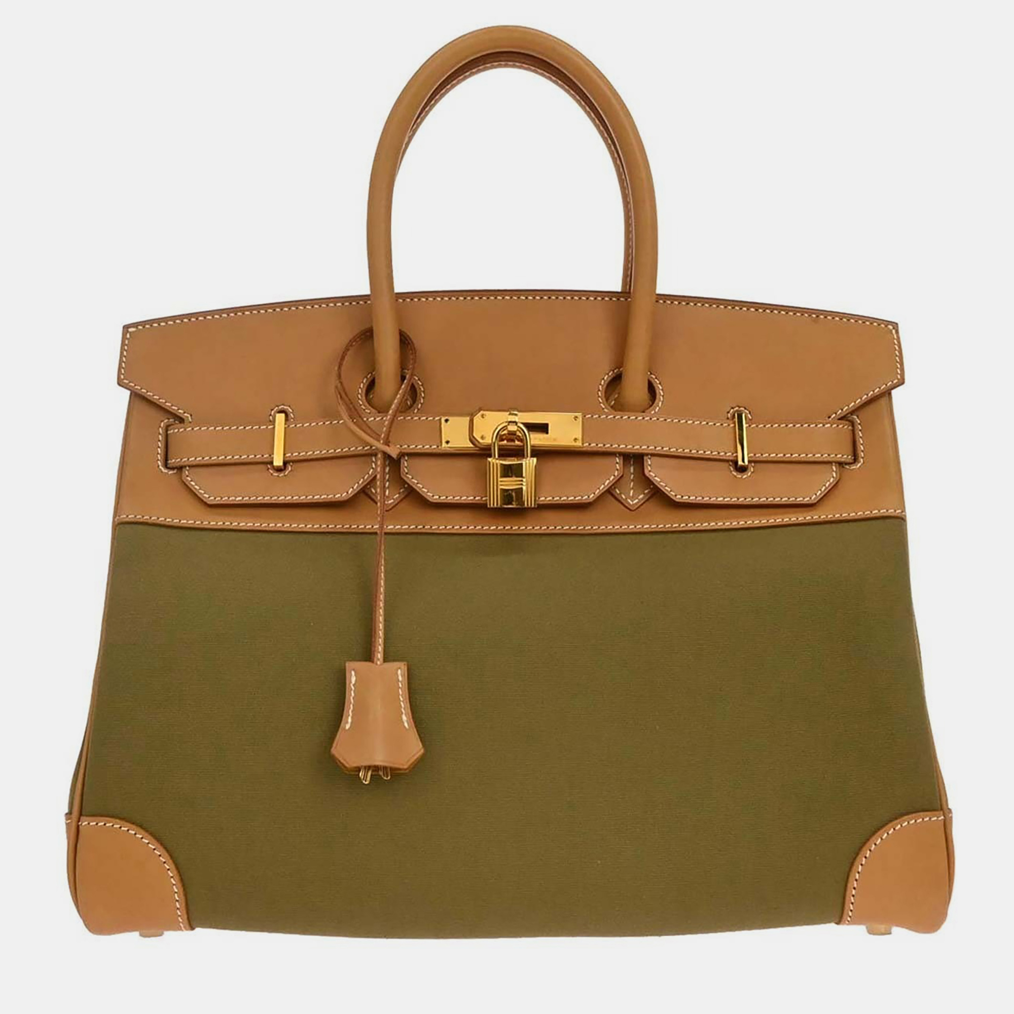 

Hermes Birkin 35 Khaki Natural Toile Officier Canvas Vache Leather Top Handle Bag, Brown