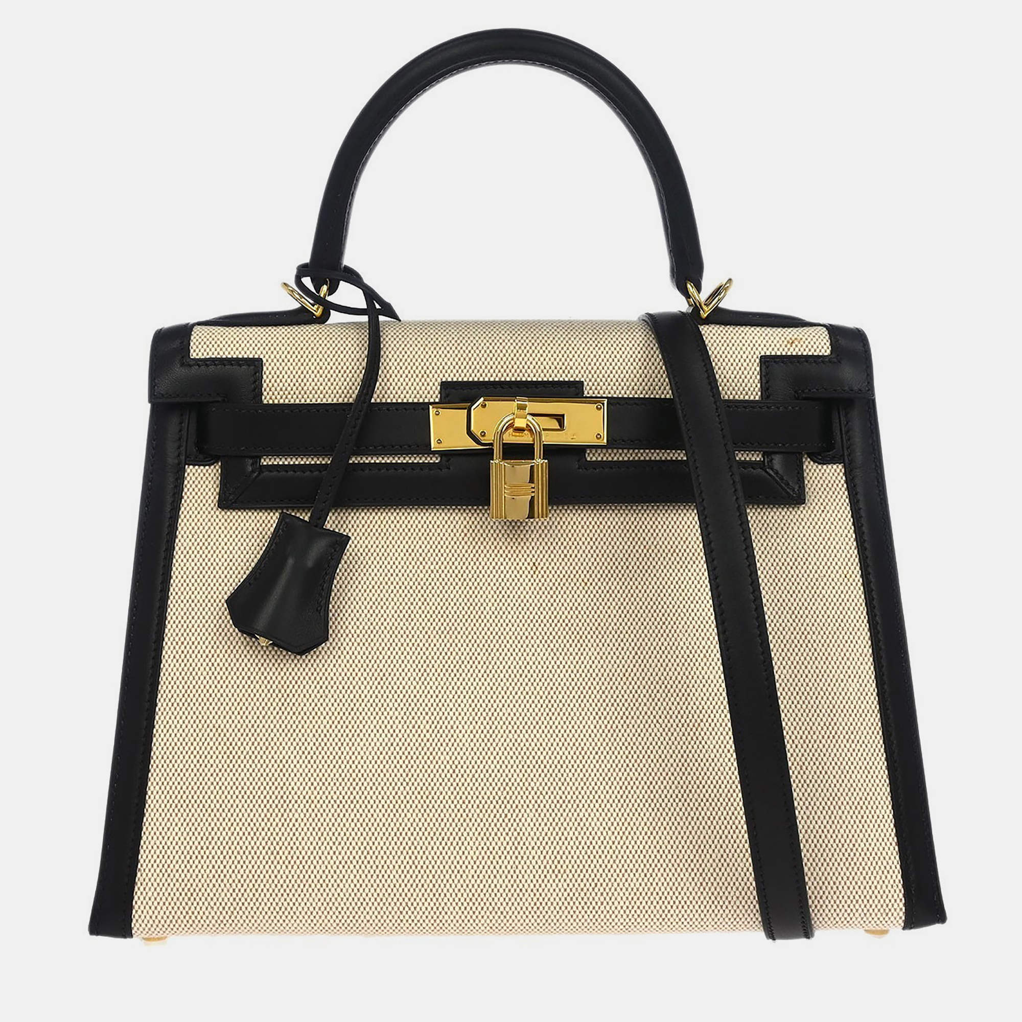 

Hermes Beige Black Toile H Box Calf Kelly 28 Sellier 2way Handbag