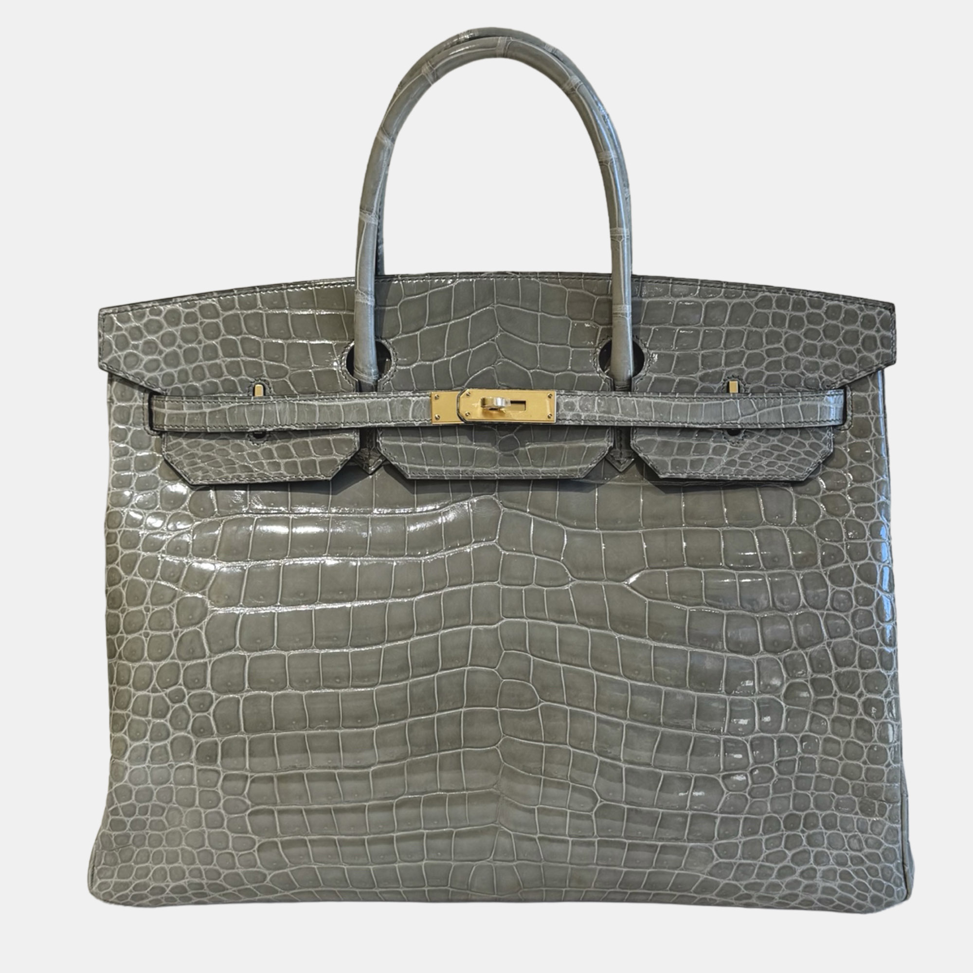 

Hermes Birkin 40 Shiny Crocodile Gris Tourterelle with Gold Hardware, Grey