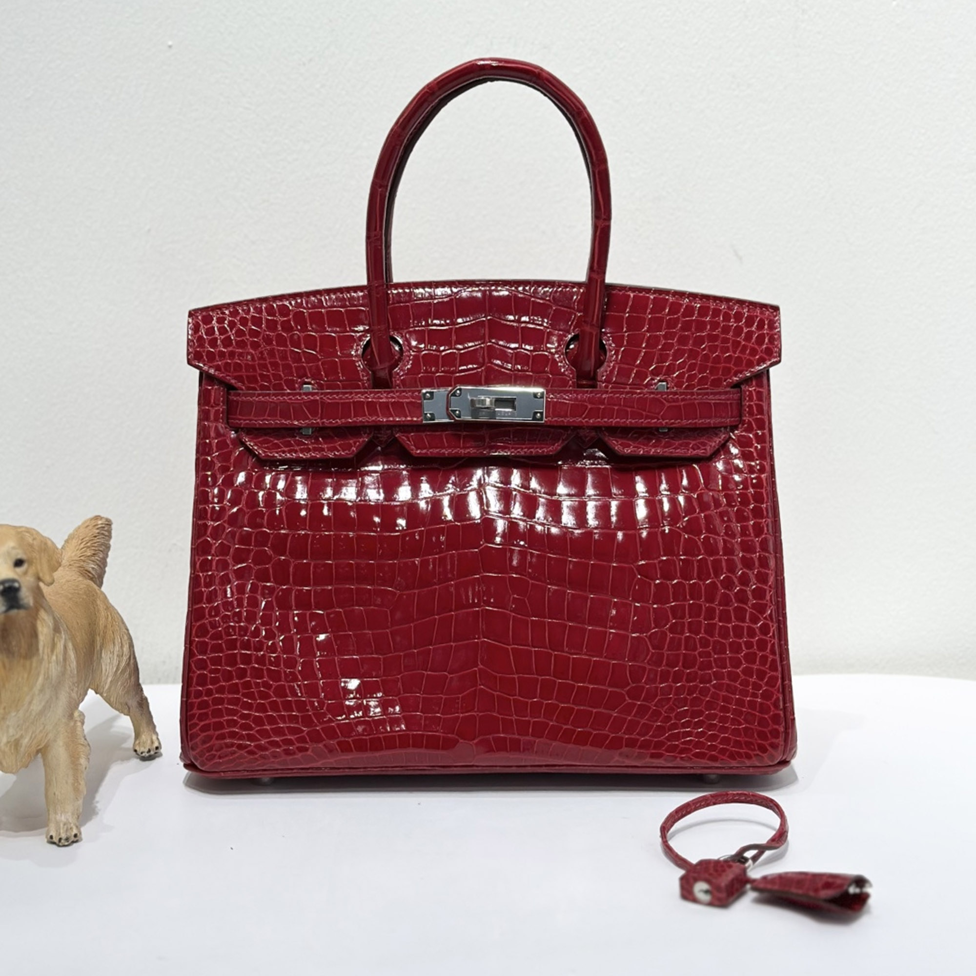

Hermes Birkin 30 shiny crocodile Ferrari red with palladium hardware