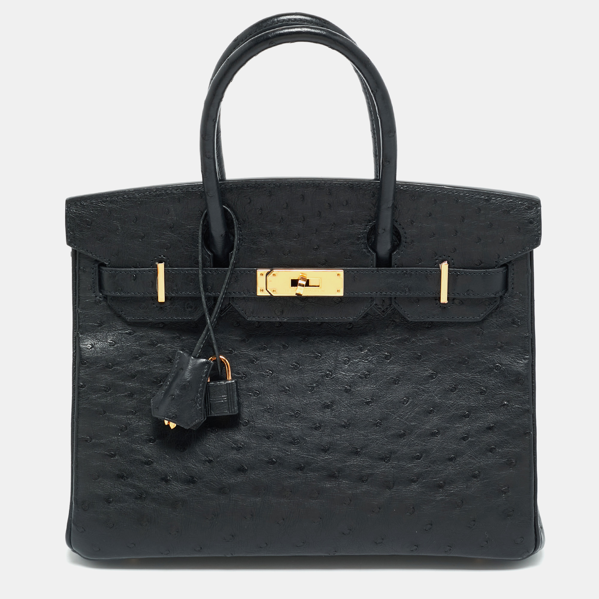 

Hermes Birkin 30 Rose Gold Finish Noir Ostrich Tote, Black