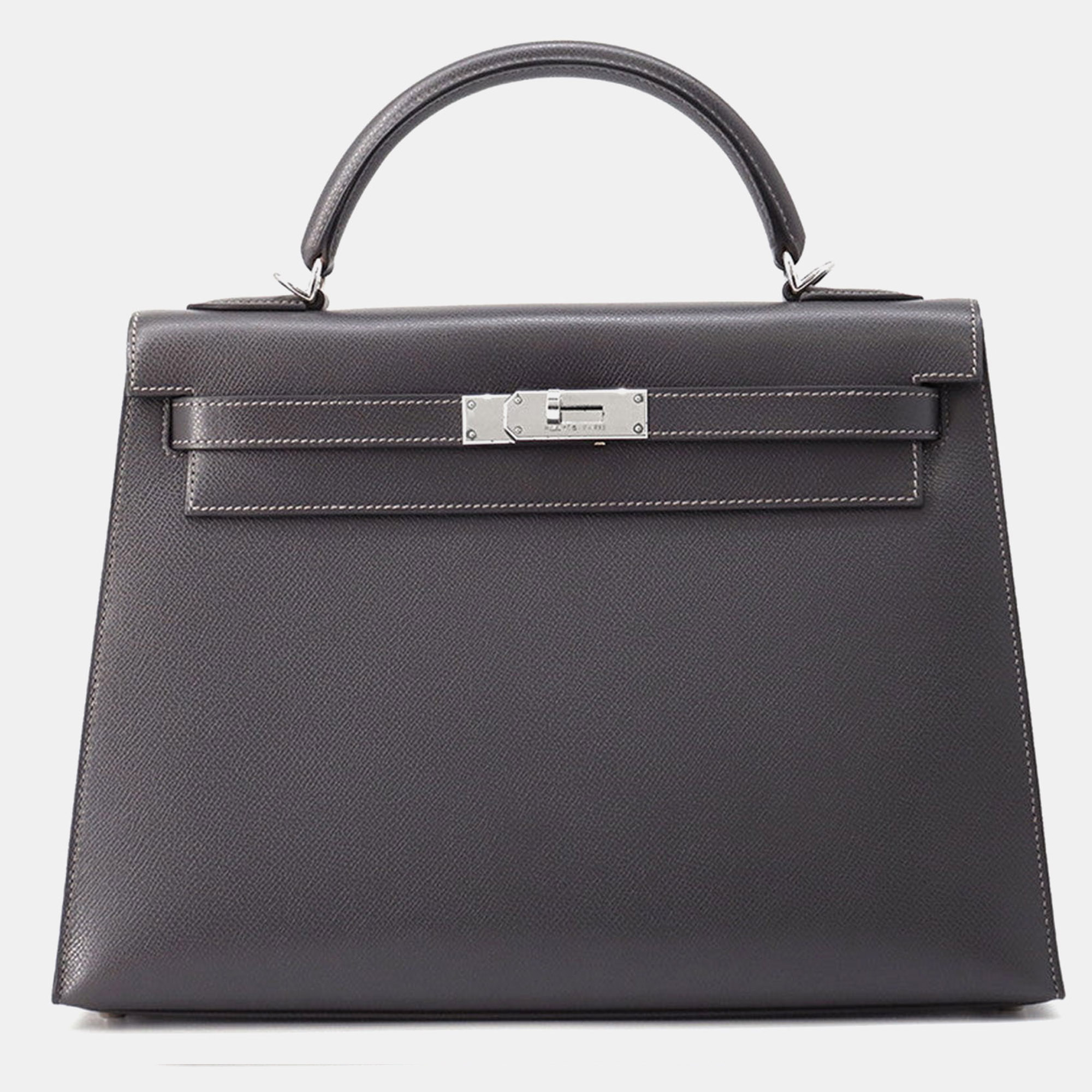 

Hermes Kelly Sellier 32 Graphite Courchevel Leather Top Handle Bag, Grey