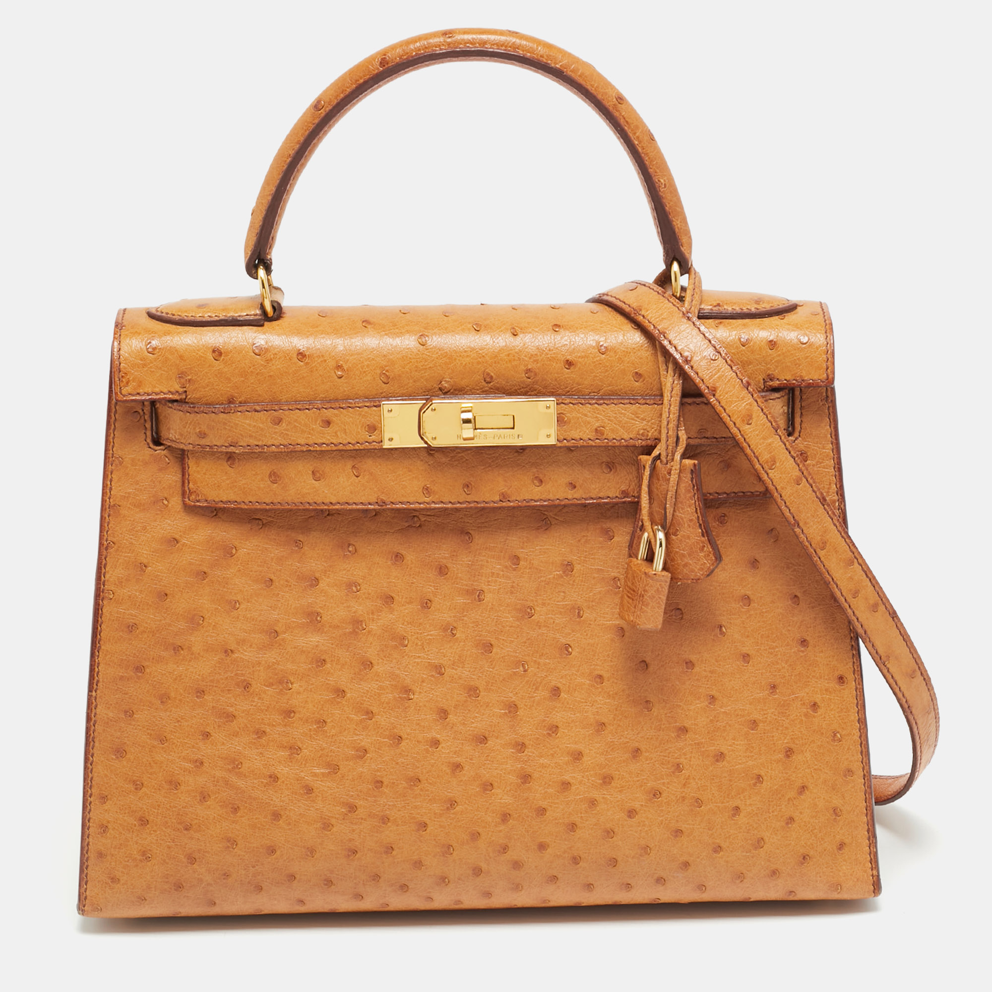 

Hermes Kelly Sellier 28 Gold Finish Natural Ostrich Top Handle Bag, Brown