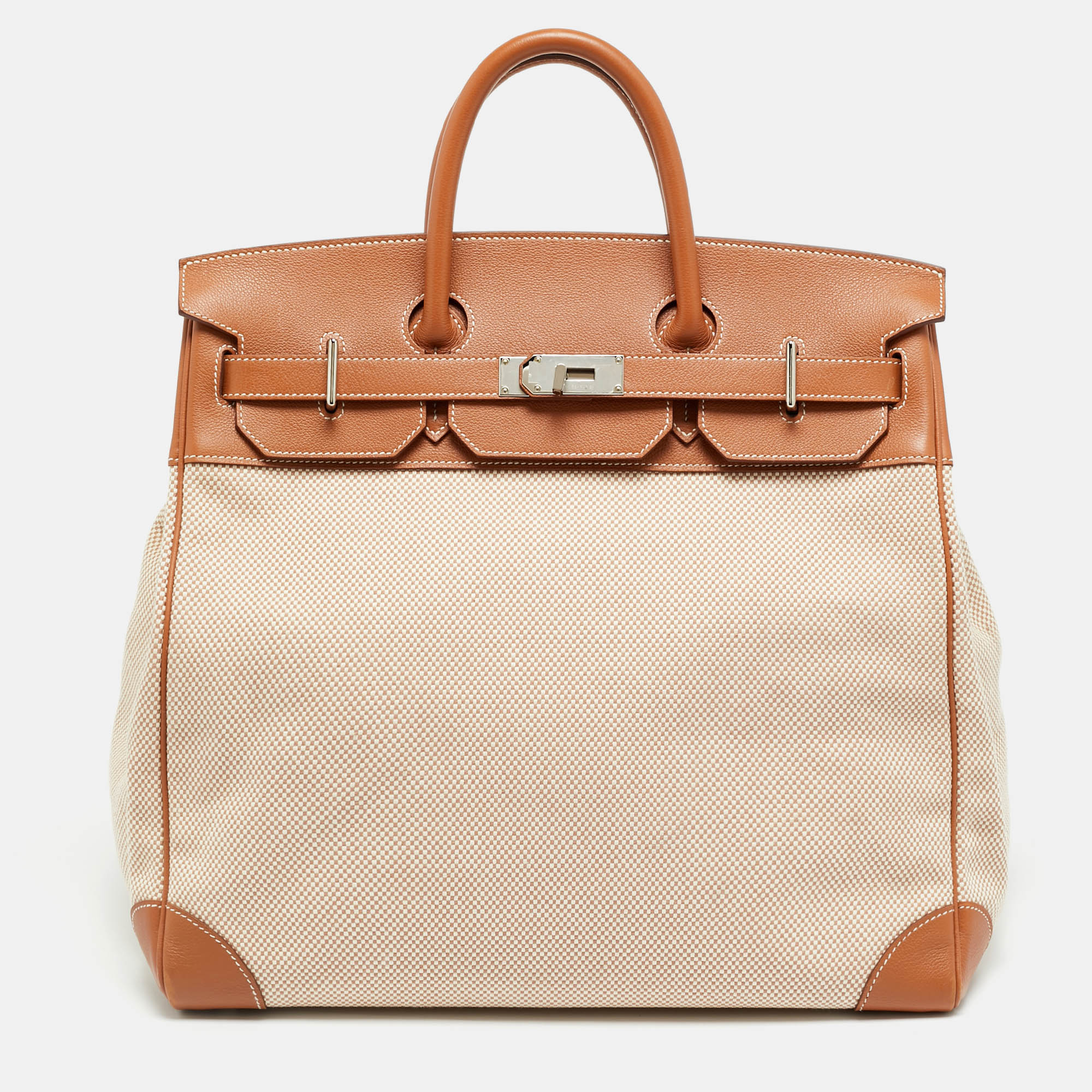 

Hermès Birkin HAC 40 Palladium Finish Gold/Ecru Evercolor Leather and Criss Viking Toile Tote, Brown
