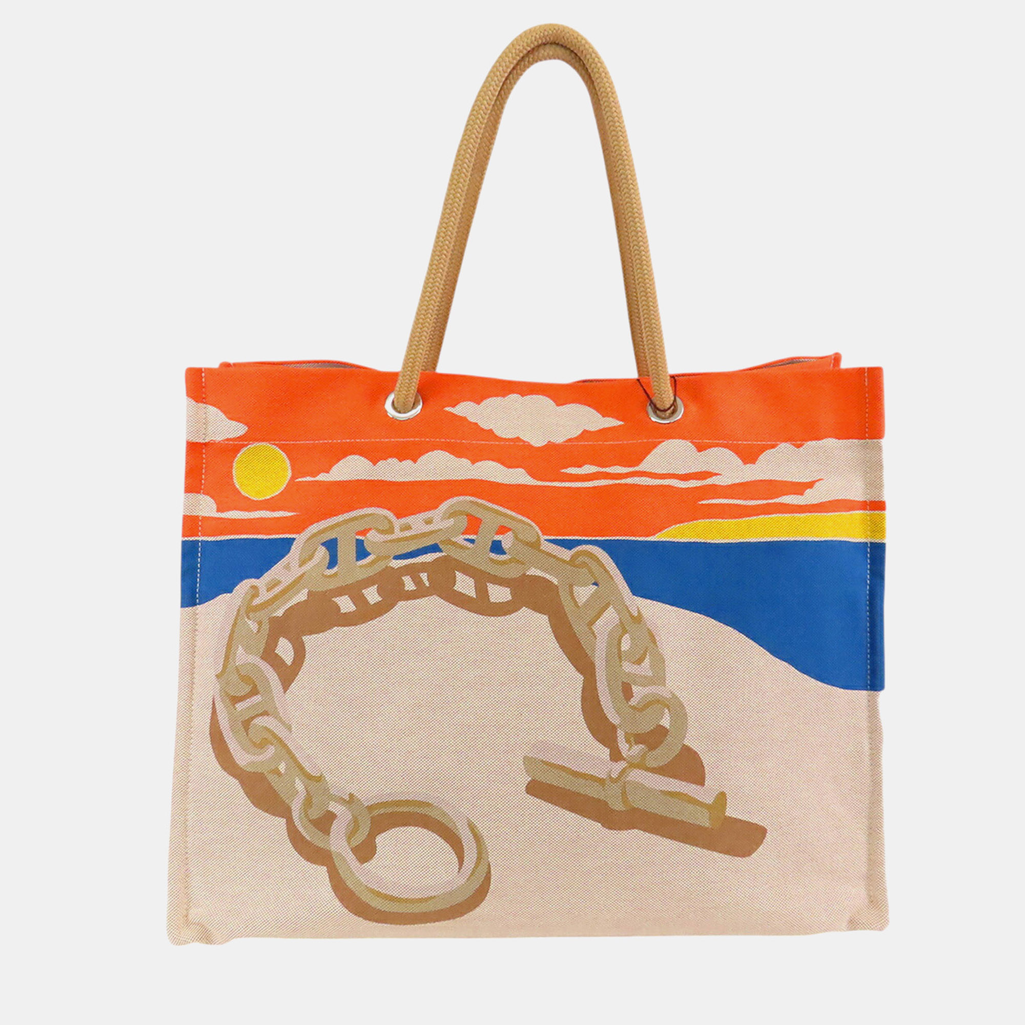 

Hermes Brown Toile Escale a la Plage Beach Bag
