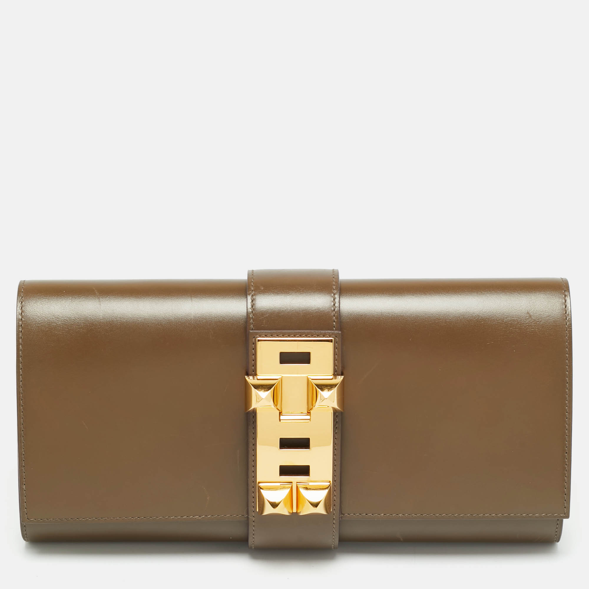 

Hermes Medor 29 Vert Olive Box Leather Clutch, Green