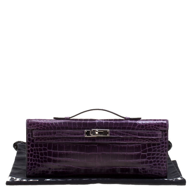 Hermes Amethyst Porosus Crocodile Kelly Cut Clutch Hermes