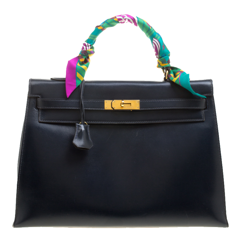 Hermes Blue Tempete Box Calf Leather Gold Hardware Kelly Sellier 35 Bag