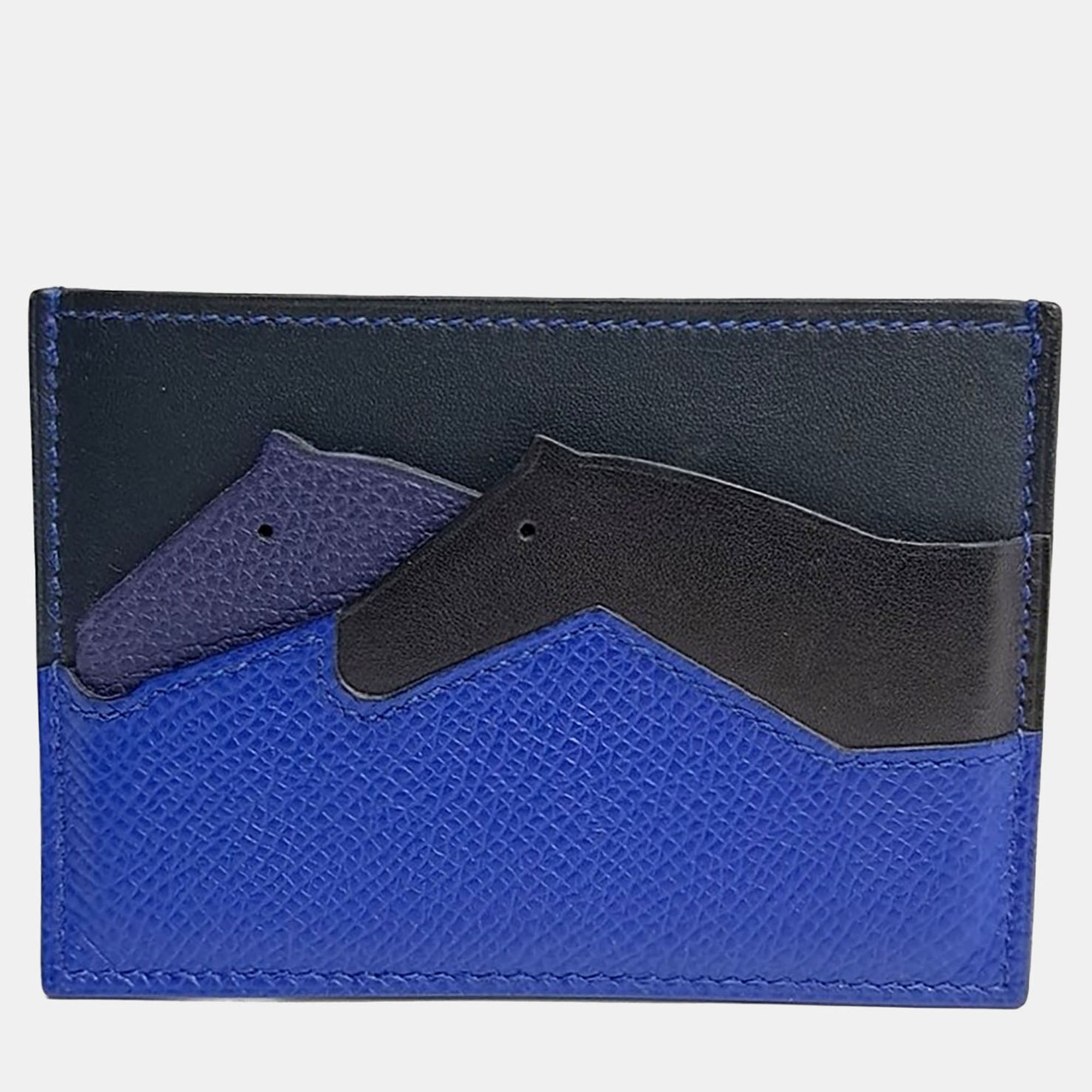 Pre-owned Hermes Les Petits Chevaux Black Blue Leather Card Holder (d)