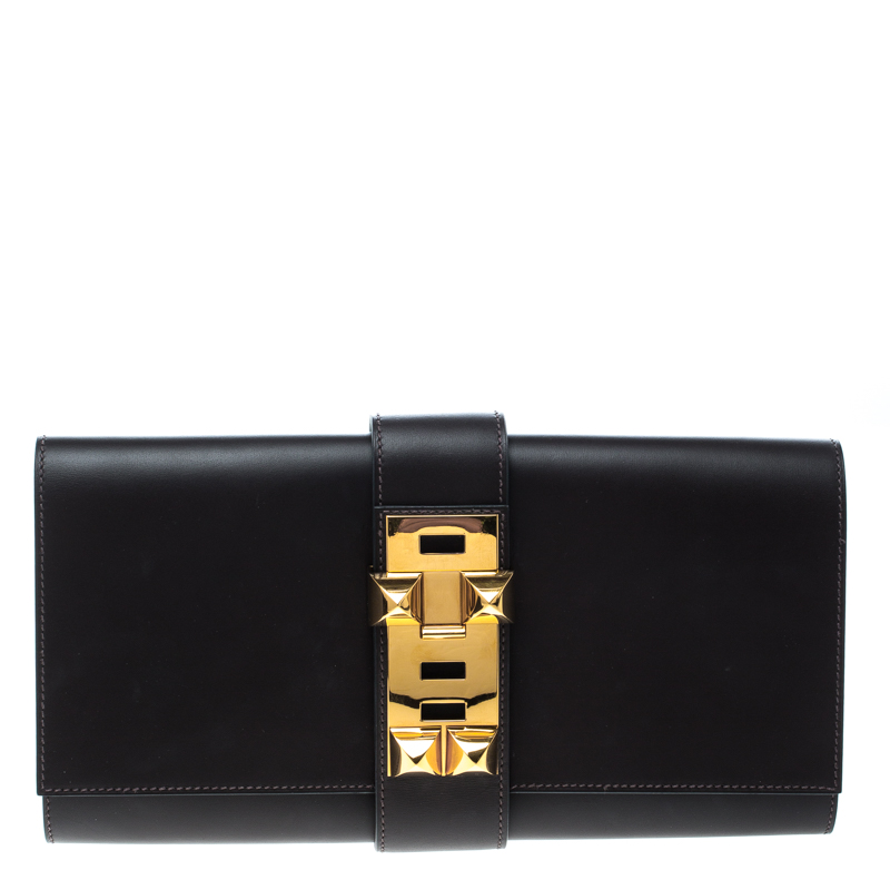 Hermes Cacao Veau Tadelakt Leather Medor Clutch