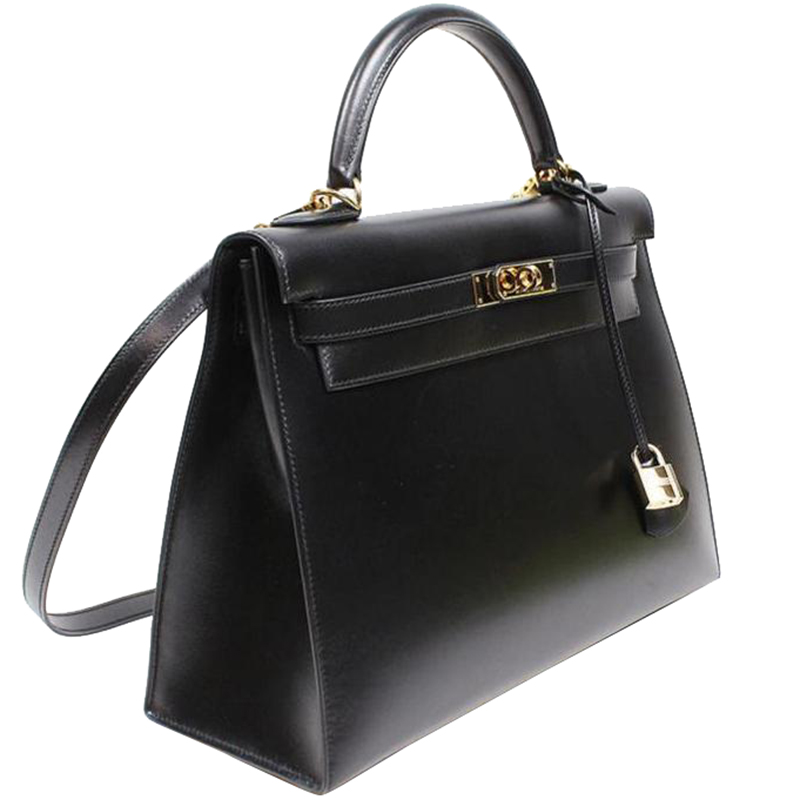 

Hermes Noir Box Calf Leather Gold Hardware Kelly Sellier 32 Bag, Black