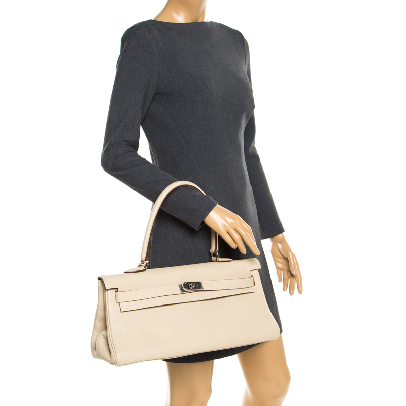 

Hermes Parchemin Clemence Leather Palladium Hardware Shoulder Kelly 42 Bag, Beige