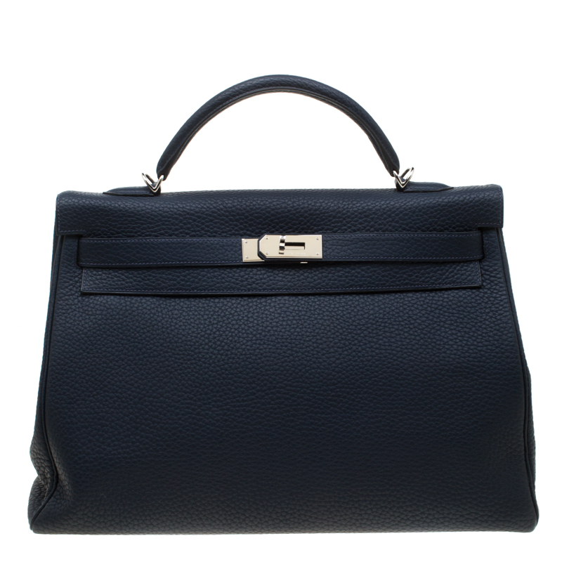 Pre Owned Hermes Bleu Obscur Clemence Leather Palladium Hardware Kelly Retourne 40 Bag