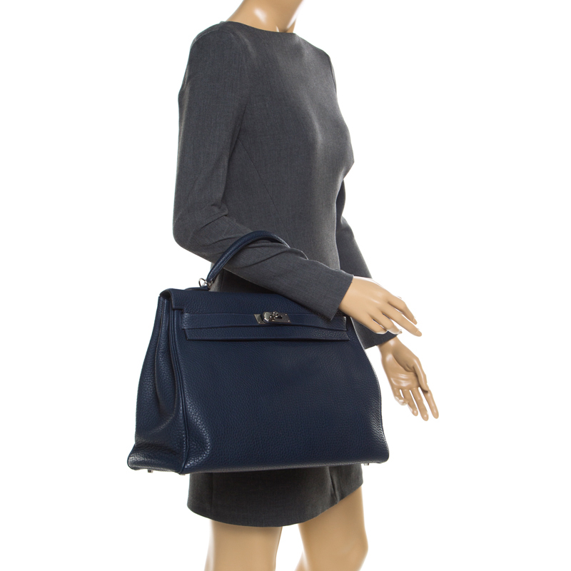 

Hermes Bleu Obscur Clemence Leather Palladium Hardware Kelly Retourne 40 Bag, Blue