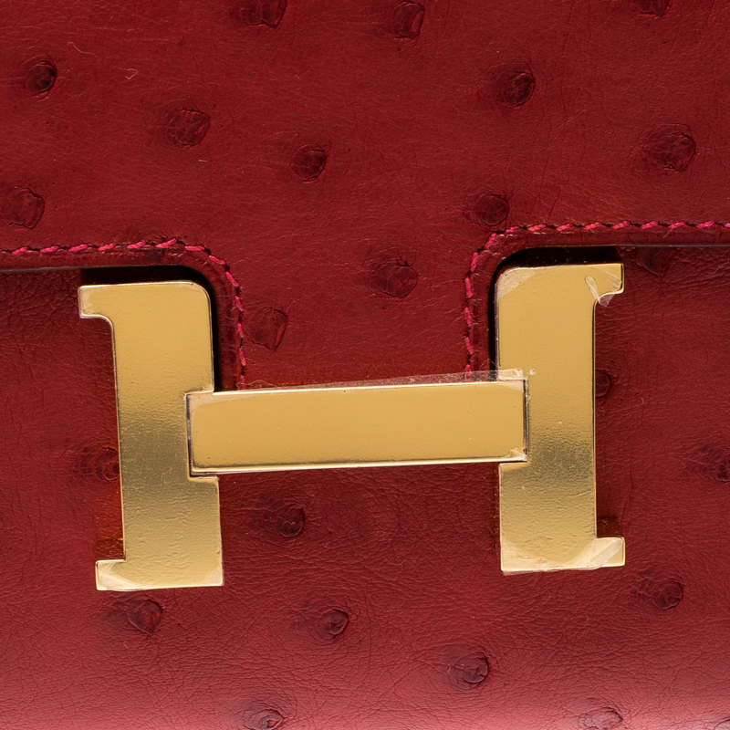 HERMES 2017 Constance Short Wallet Clutch in Ostrich Leather Rouge Vif Red