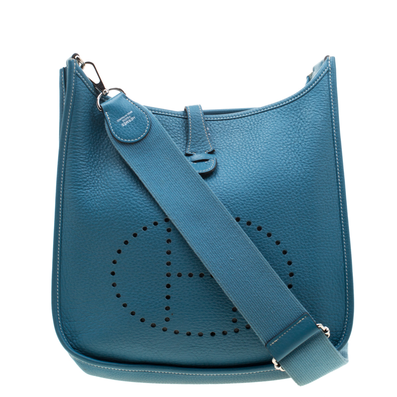 Pre Owned Hermes Blue Lagon Clemence Leather Evelyne III PM Bag