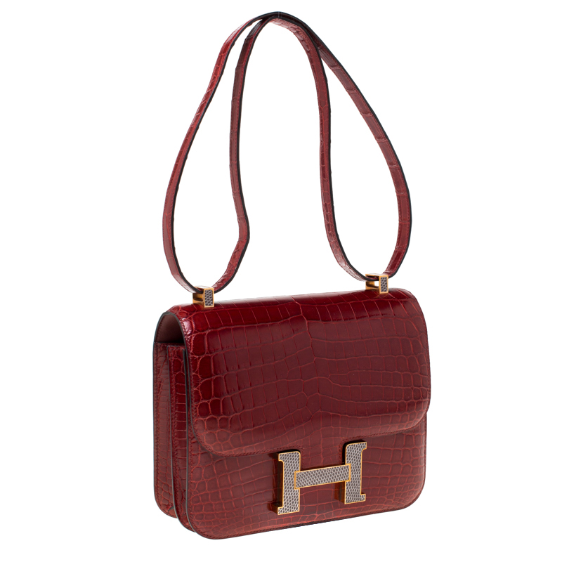 Hermes Red Crocodile And Lizard Marquette Constance Bag