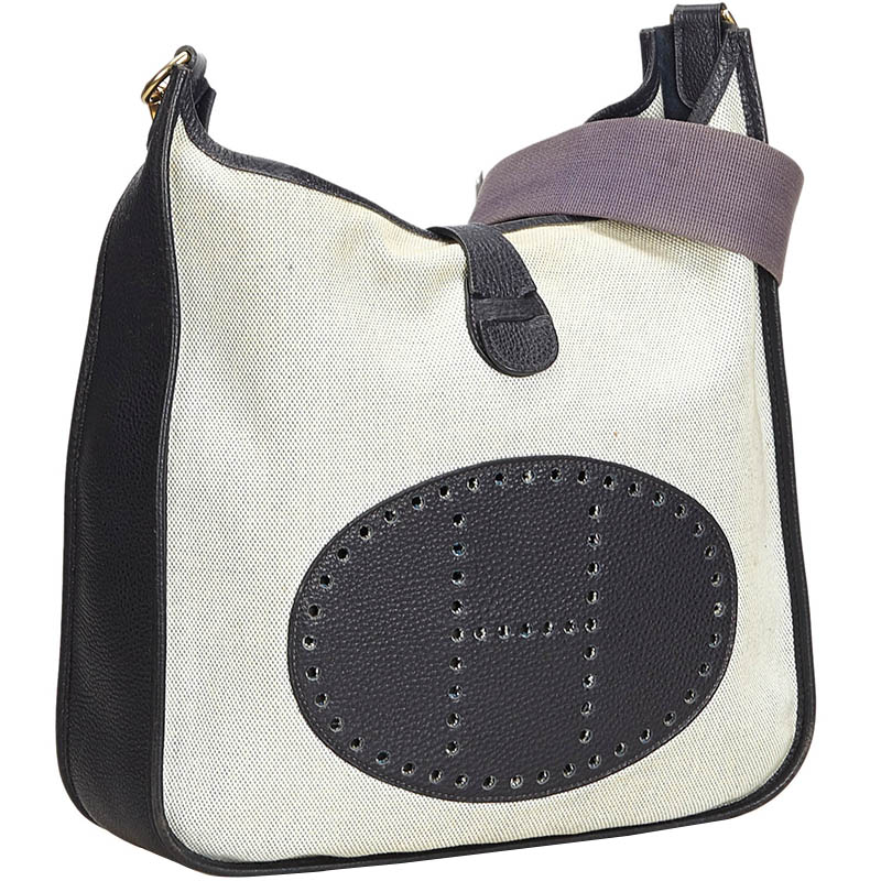 

Hermes White and Black Toile Canvas And Leather Evelyne II PM Bag